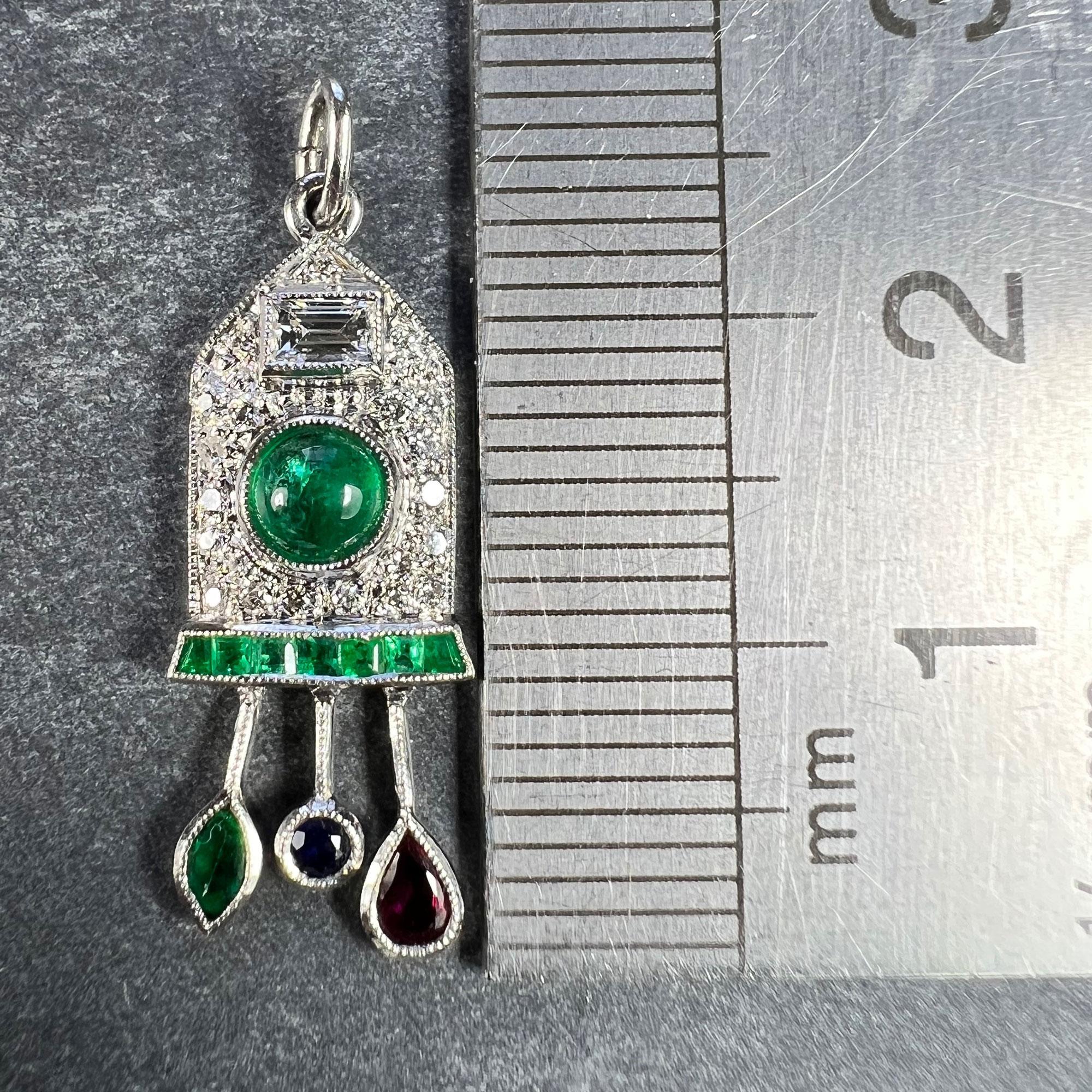 Art Deco Cuckoo Clock Platinum Diamond Emerald Ruby Sapphire Charm Pendant For Sale 6