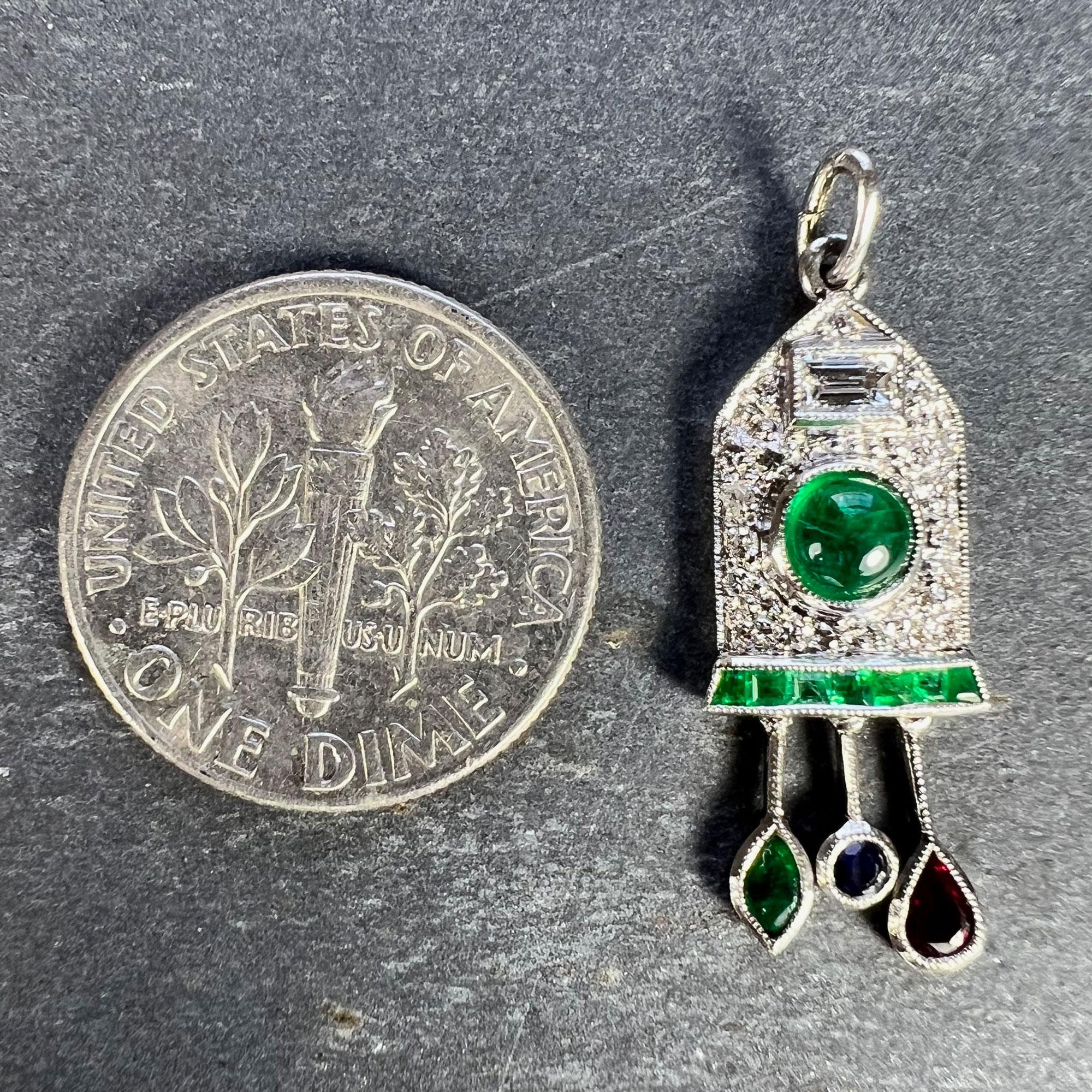 Art Deco Cuckoo Clock Platinum Diamond Emerald Ruby Sapphire Charm Pendant For Sale 7