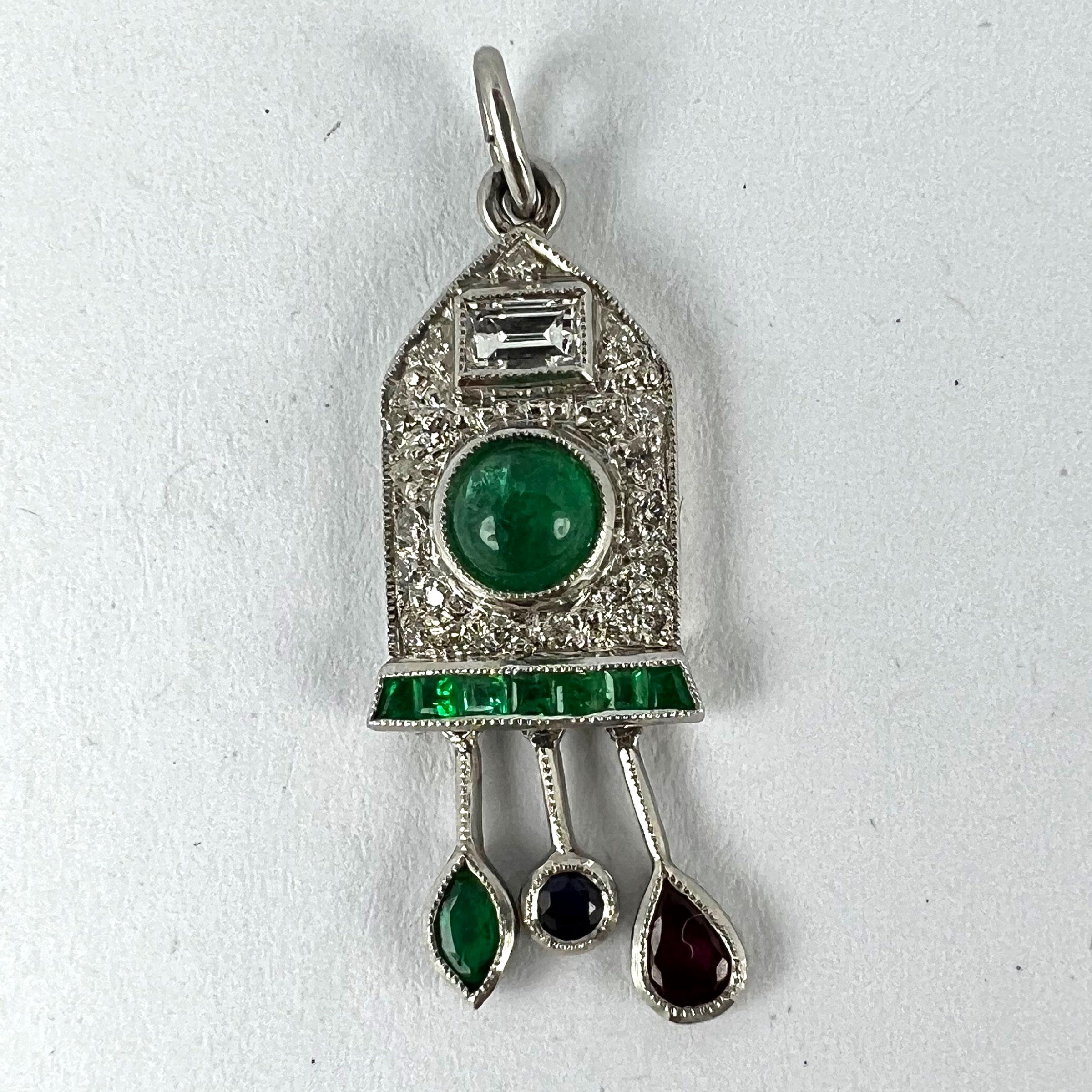 Art Deco Cuckoo Clock Platinum Diamond Emerald Ruby Sapphire Charm Pendant For Sale 8