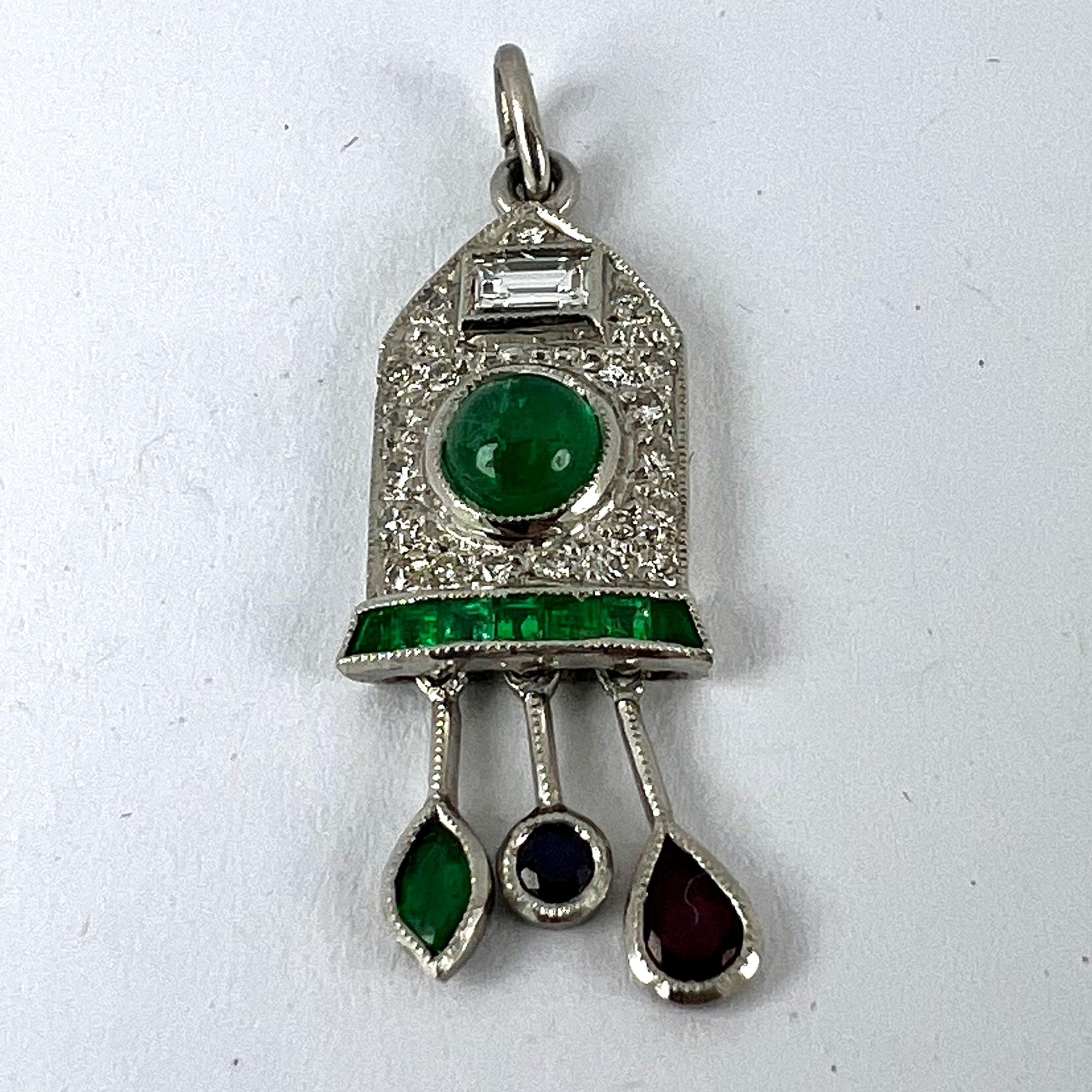 Art Deco Cuckoo Clock Platinum Diamond Emerald Ruby Sapphire Charm Pendant For Sale 9