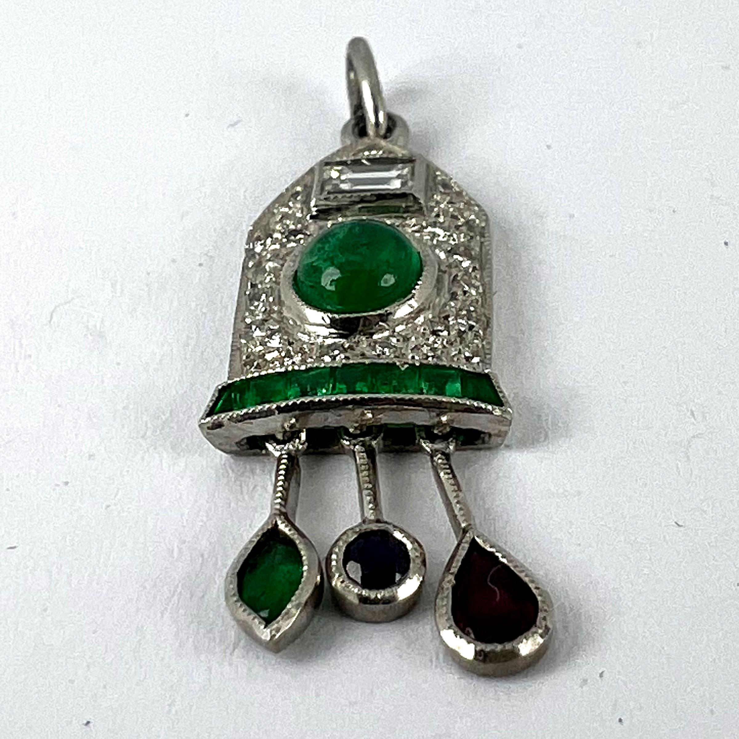 Art Deco Cuckoo Clock Platinum Diamond Emerald Ruby Sapphire Charm Pendant For Sale 10