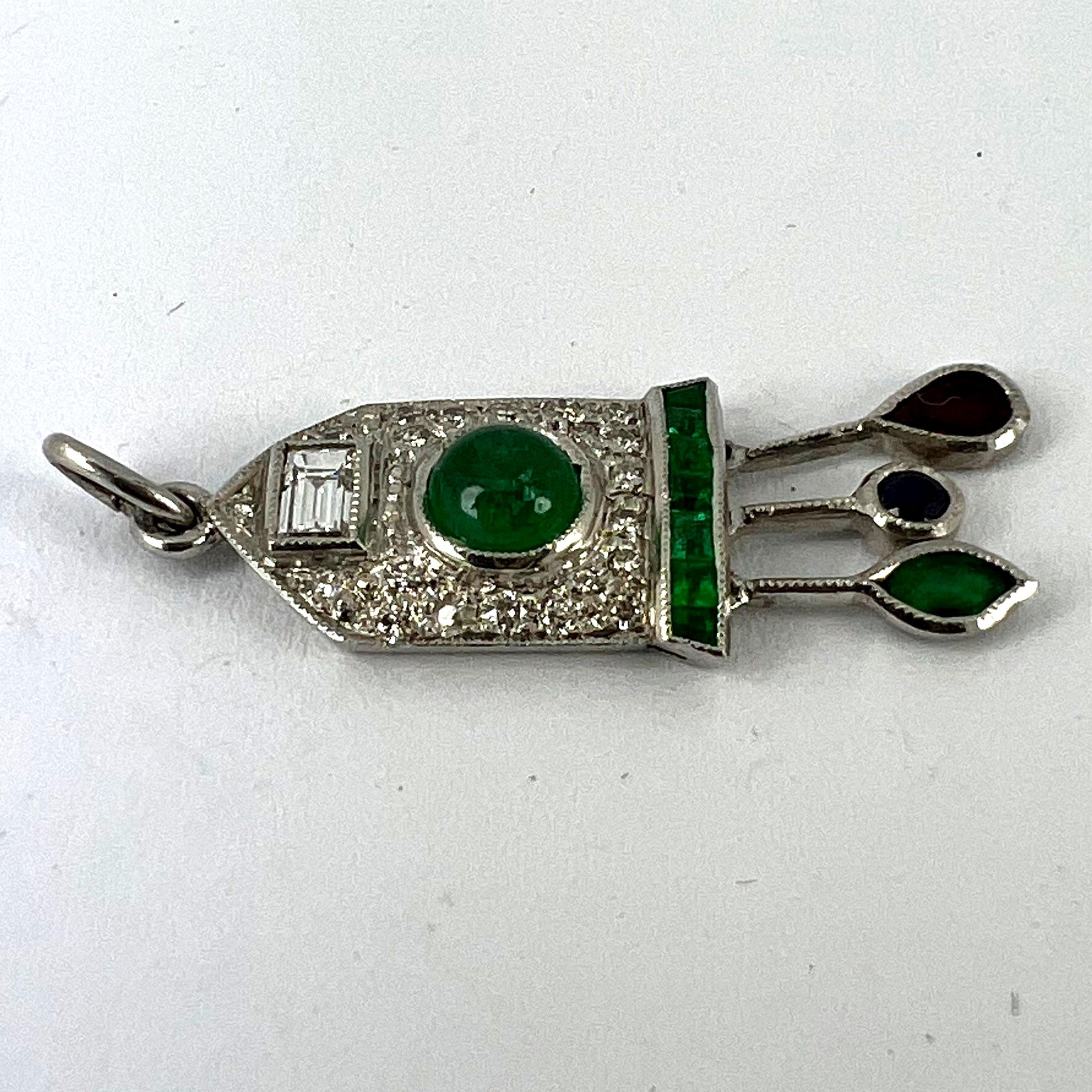 Art Deco Cuckoo Clock Platinum Diamond Emerald Ruby Sapphire Charm Pendant For Sale 11