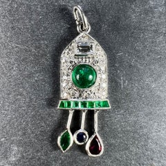 Art Deco Cuckoo Clock Platinum Diamond Emerald Ruby Sapphire Charm Pendant