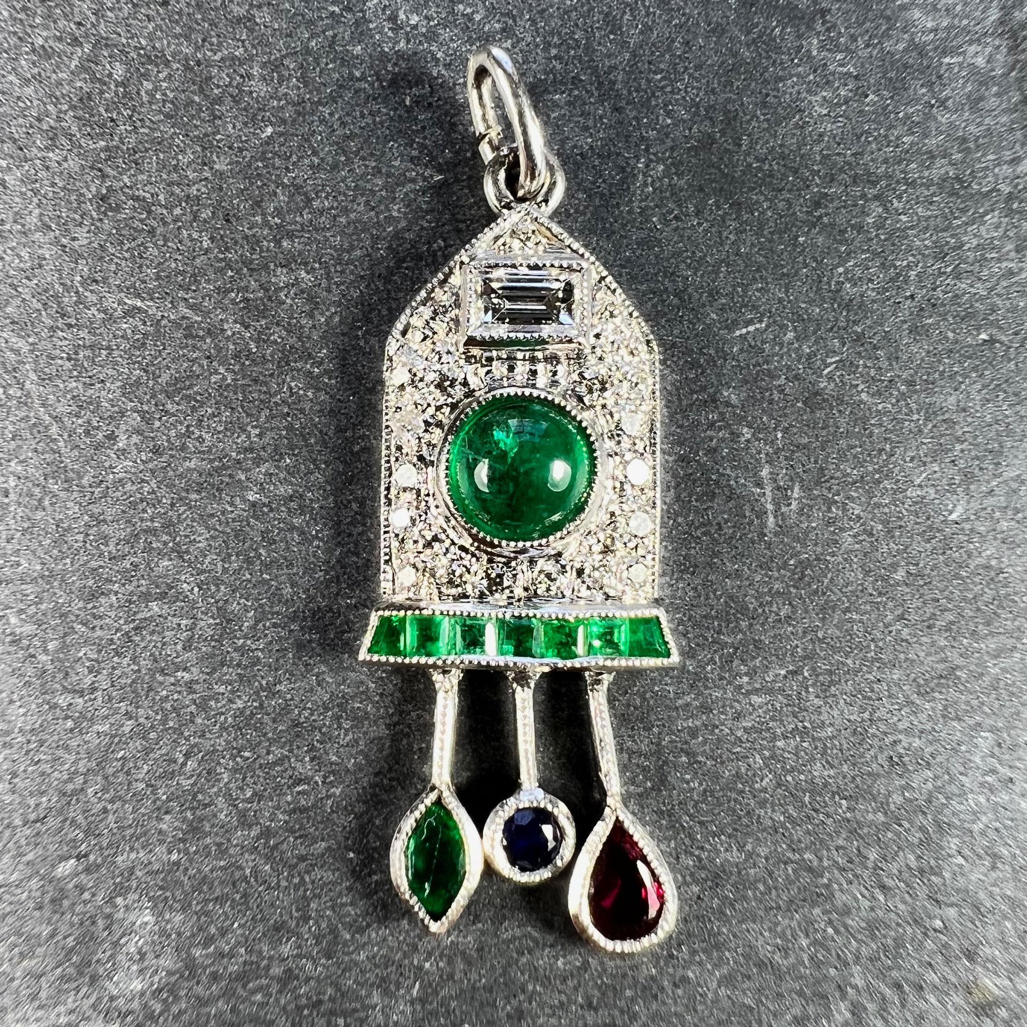 Round Cut Art Deco Cuckoo Clock Platinum Diamond Emerald Ruby Sapphire Charm Pendant For Sale