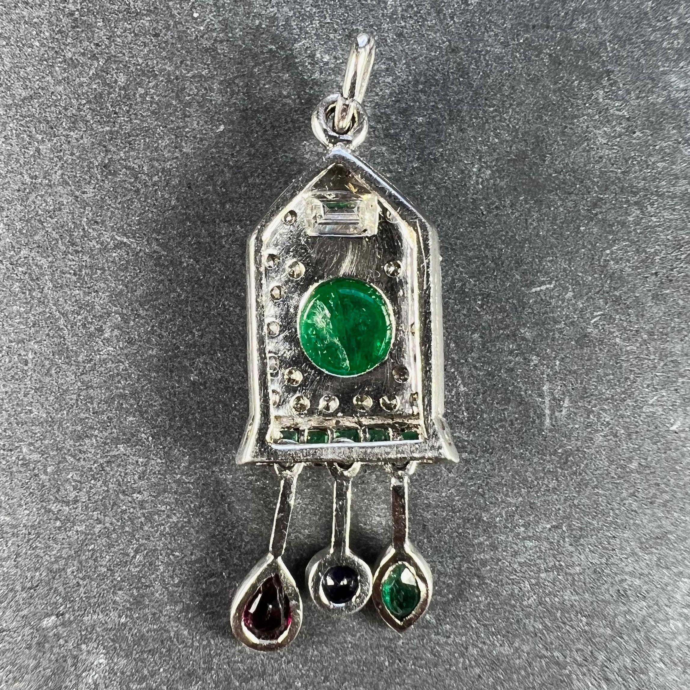 Art Deco Cuckoo Clock Platinum Diamond Emerald Ruby Sapphire Charm Pendant In Good Condition For Sale In London, GB