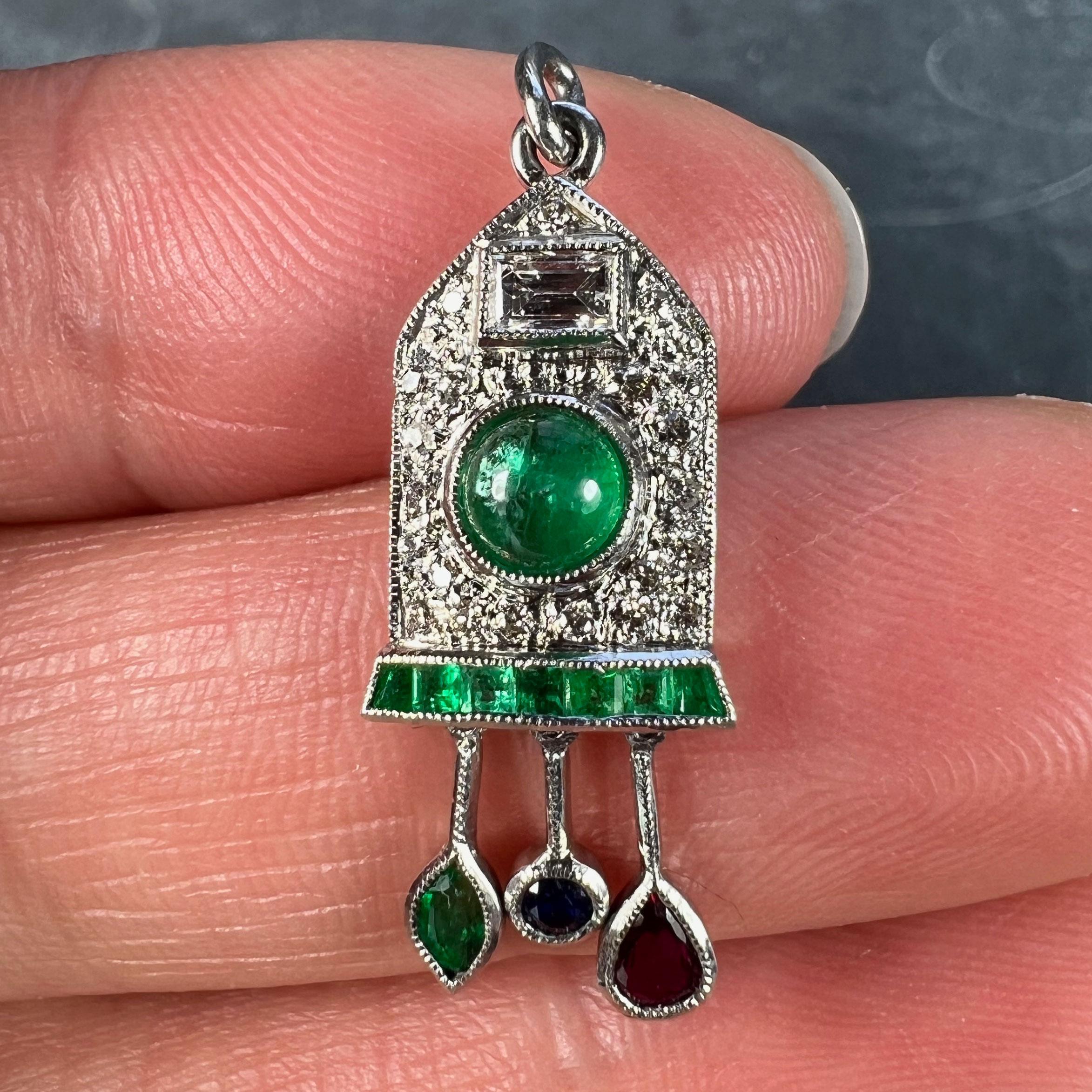 Art Deco Cuckoo Clock Platinum Diamond Emerald Ruby Sapphire Charm Pendant For Sale 1