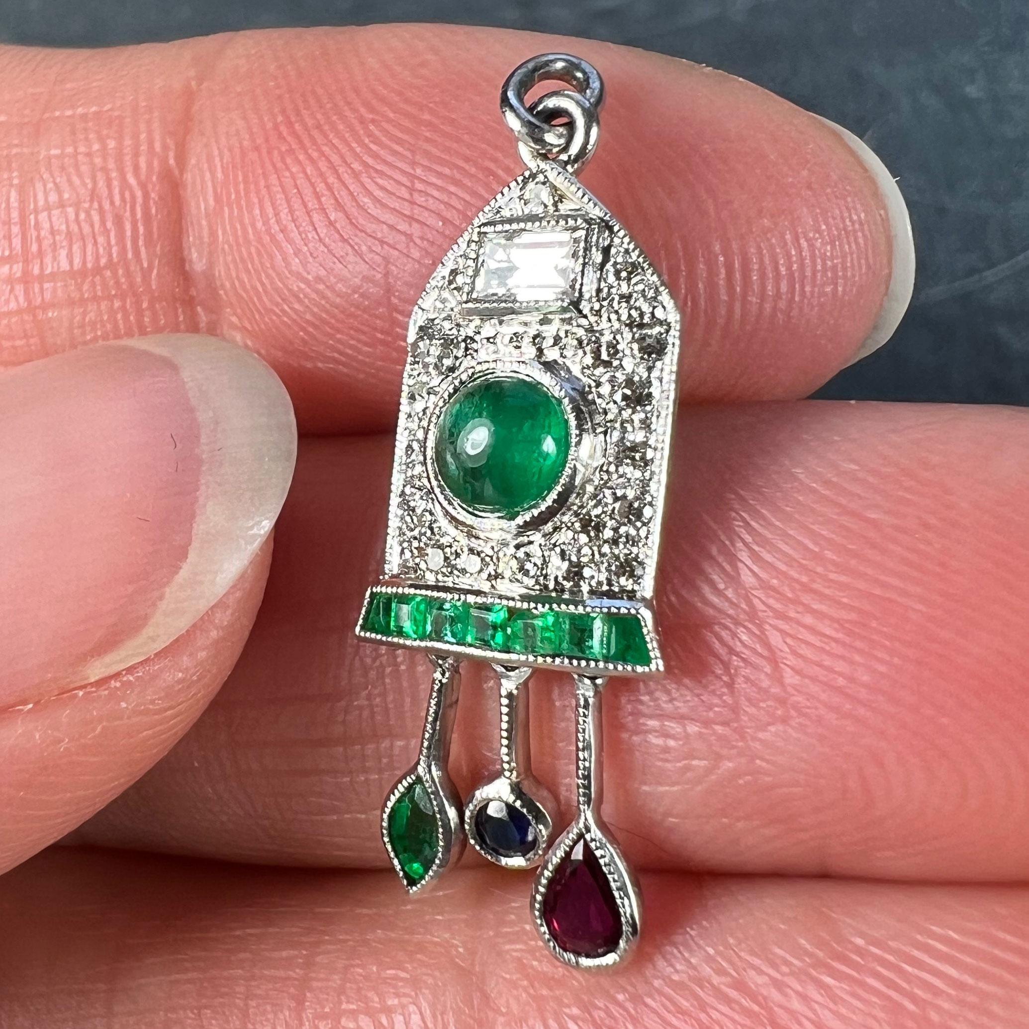 Art Deco Cuckoo Clock Platinum Diamond Emerald Ruby Sapphire Charm Pendant For Sale 2
