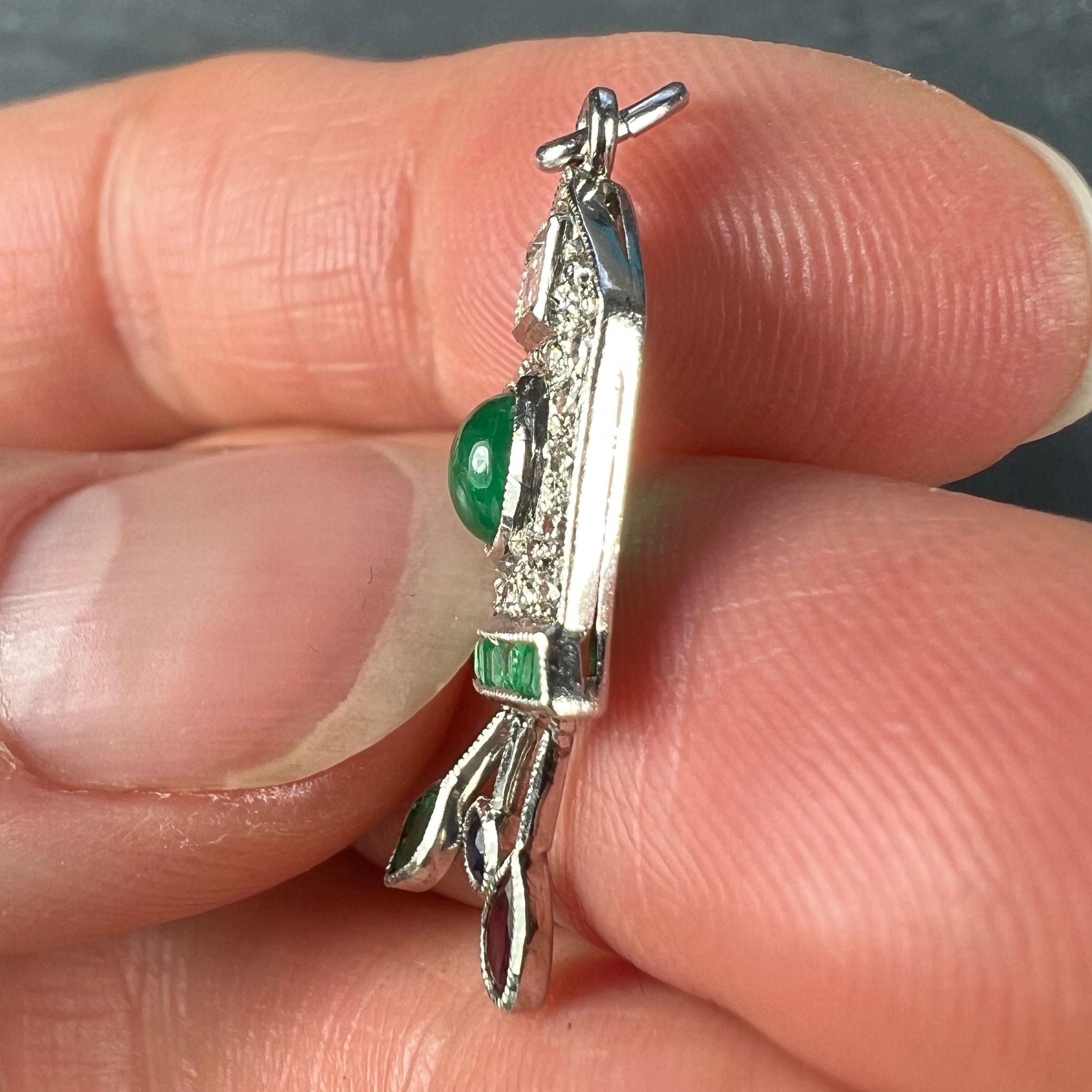 Art Deco Cuckoo Uhr Platin Diamant Smaragd Rubin Saphir Charm-Anhänger im Angebot 3