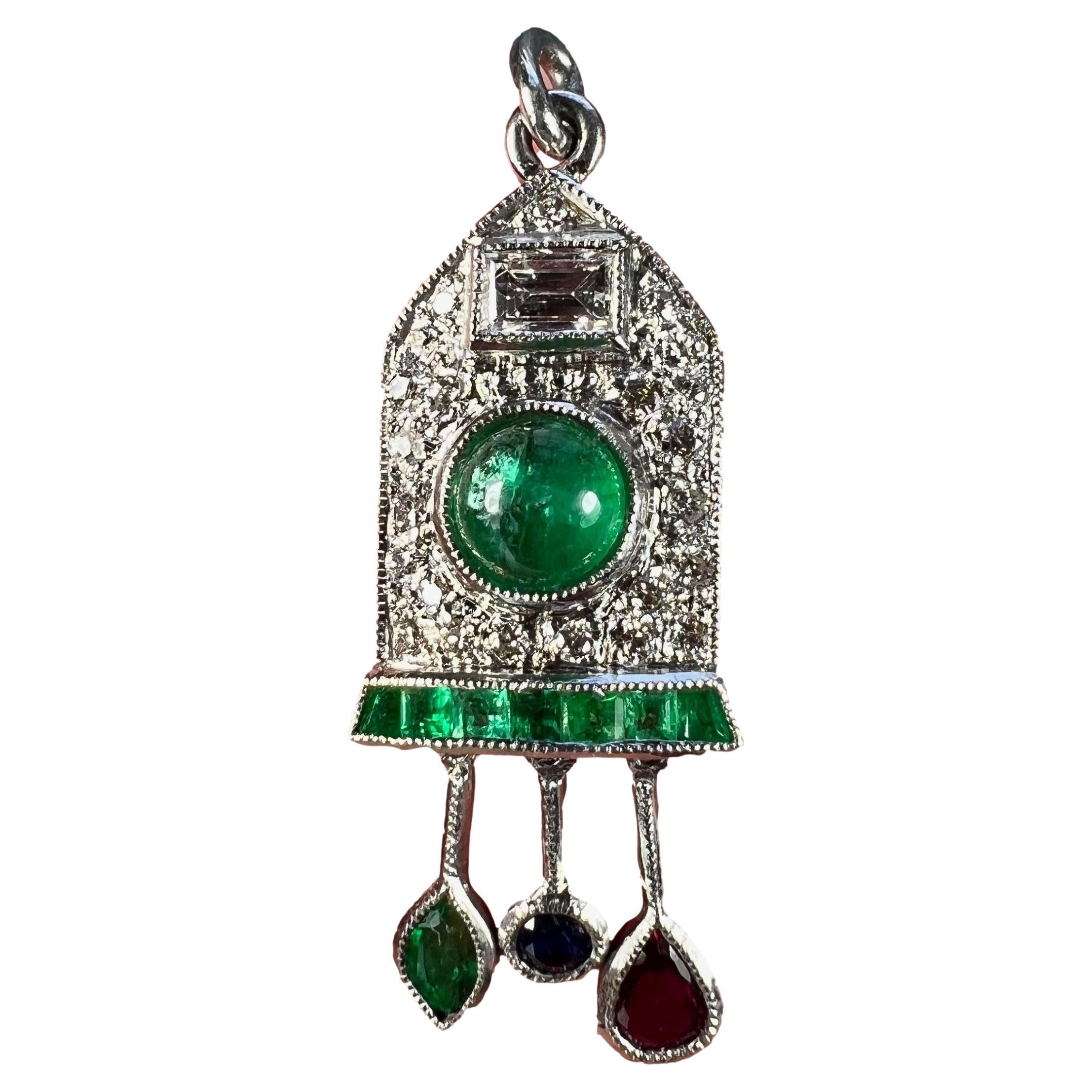 Art Deco Cuckoo Clock Platinum Diamond Emerald Ruby Sapphire Charm Pendant For Sale