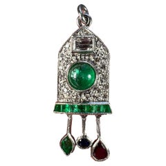 Vintage Art Deco Cuckoo Clock Platinum Diamond Emerald Ruby Sapphire Charm Pendant