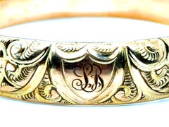 Art Deco Bangle Bracelet 14K Gold Shell Antique Engraved Original 1930's