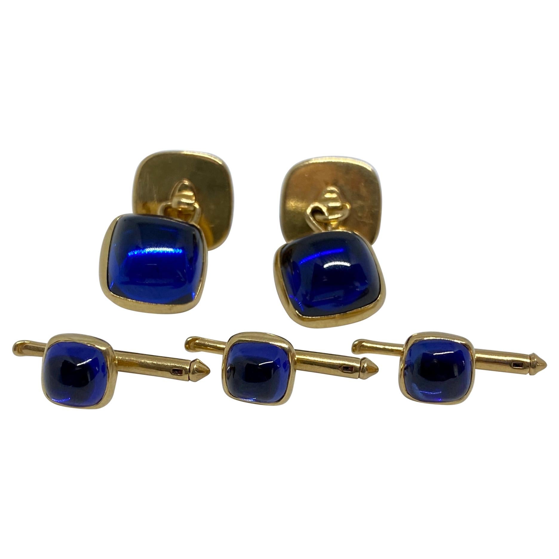 Art Deco Cufflinks and Studs in Yellow Gold with Sapphires by Larter & Sons