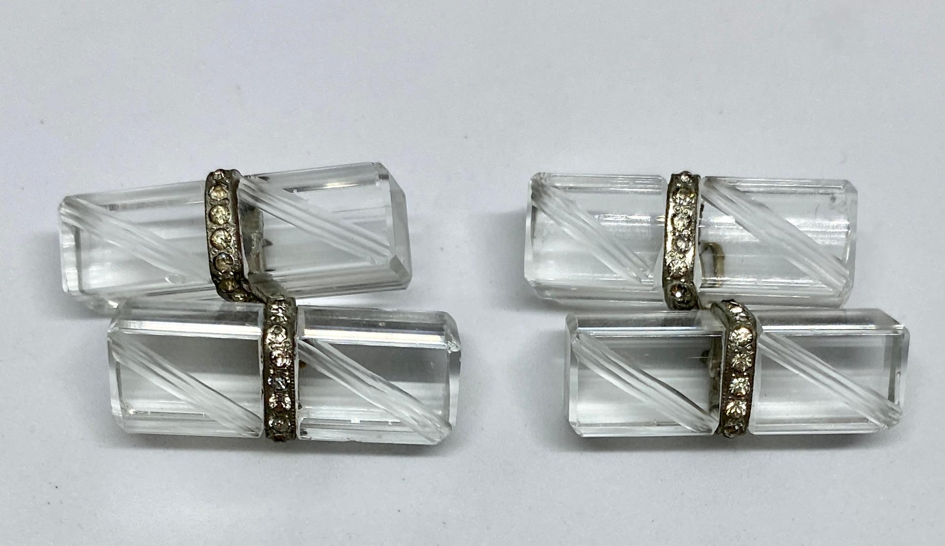 Mixed Cut Art Deco Cufflinks in Platinum with Rock Crystal and Diamonds For Sale