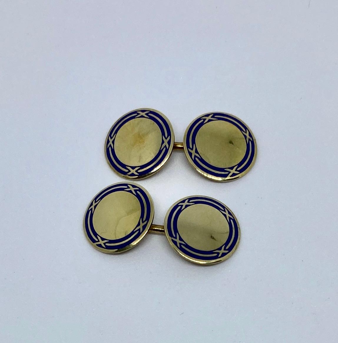 Women's or Men's Art Deco Cufflinks in Yellow Gold and Blue Enamel by Sansbury & Nellis For Sale