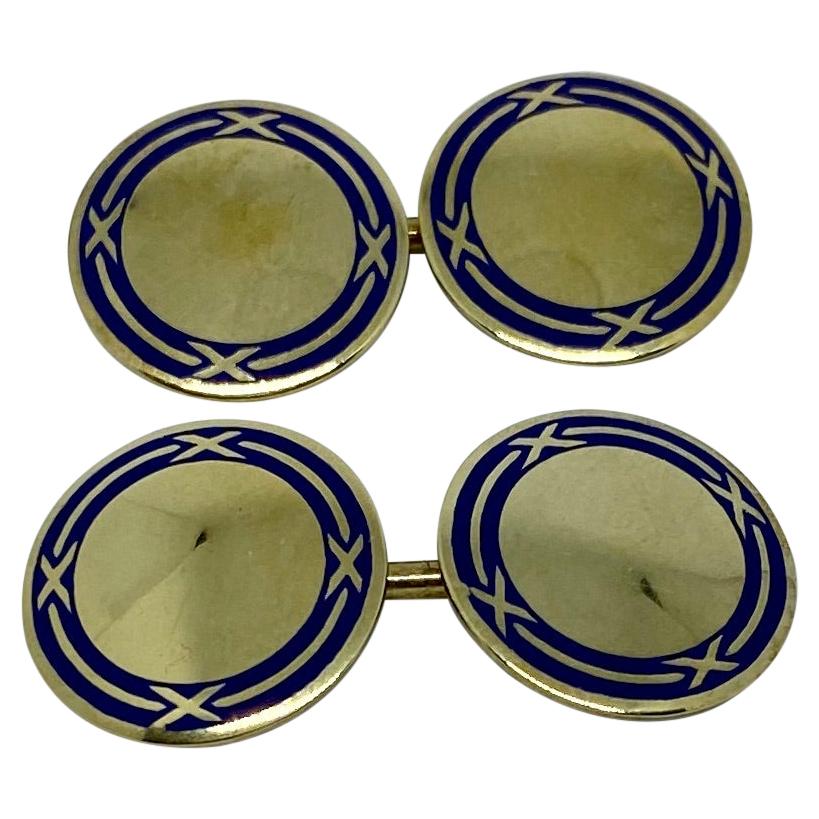 Art Deco Cufflinks in Yellow Gold and Blue Enamel by Sansbury & Nellis