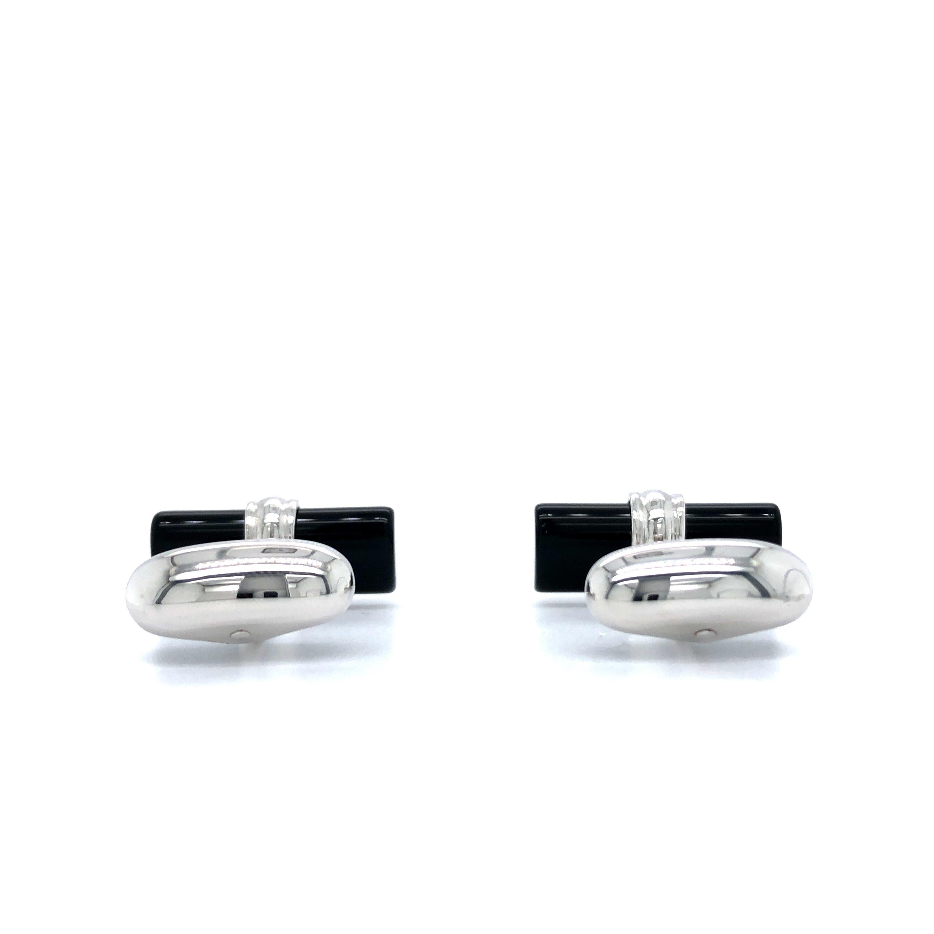 Brilliant Cut Art Deco Style Cufflinks with Cylindrical Black Onyx Bars, 18k White Gold For Sale