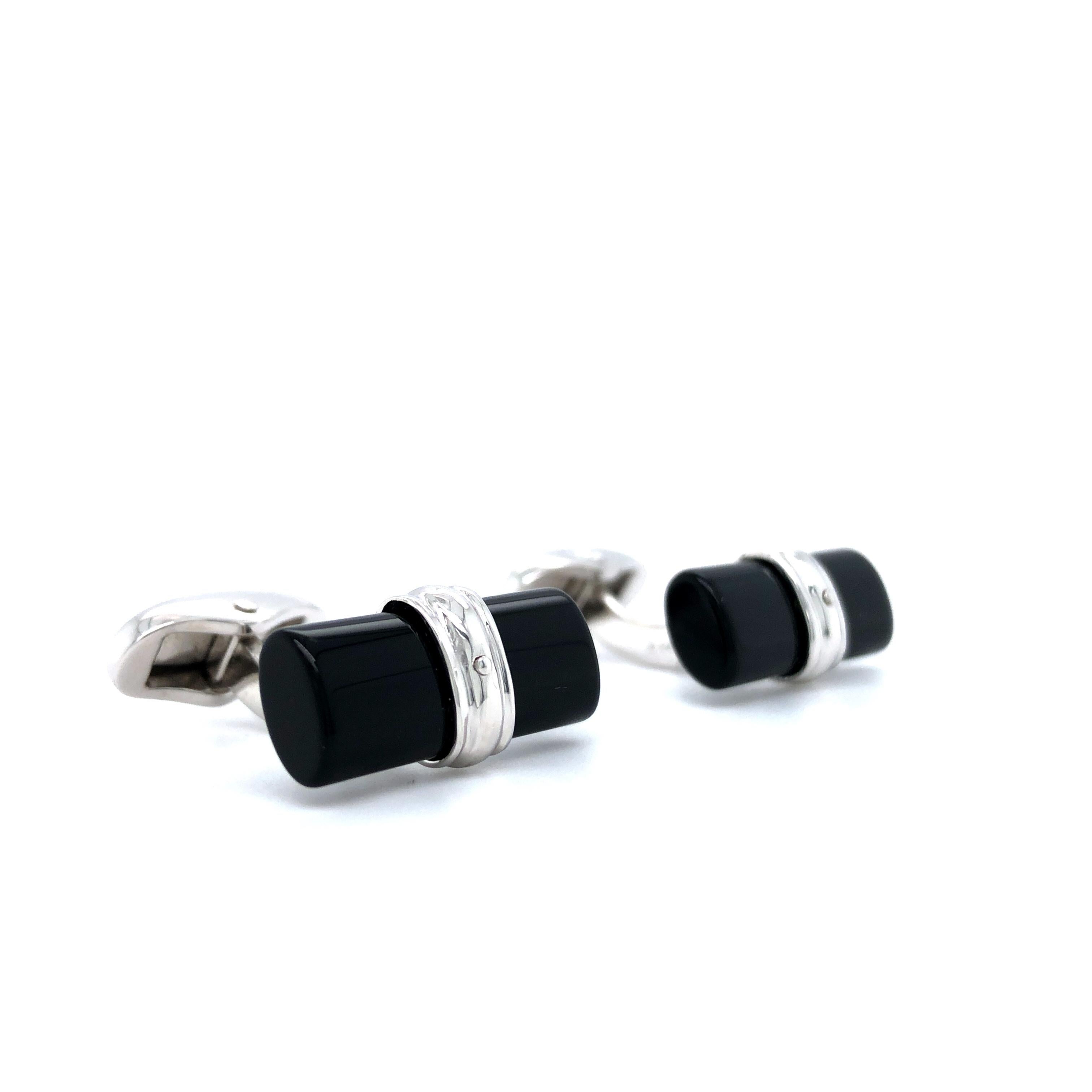 Art Deco Style Cufflinks with Cylindrical Black Onyx Bars, 18k White Gold In New Condition For Sale In Pforzheim, DE