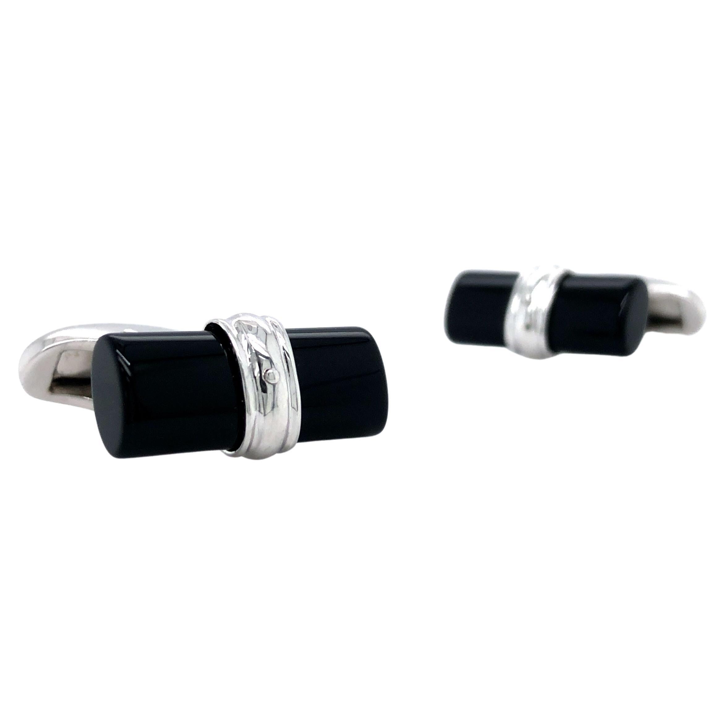 Art Deco Style Cufflinks with Cylindrical Black Onyx Bars, 18k White Gold For Sale 1