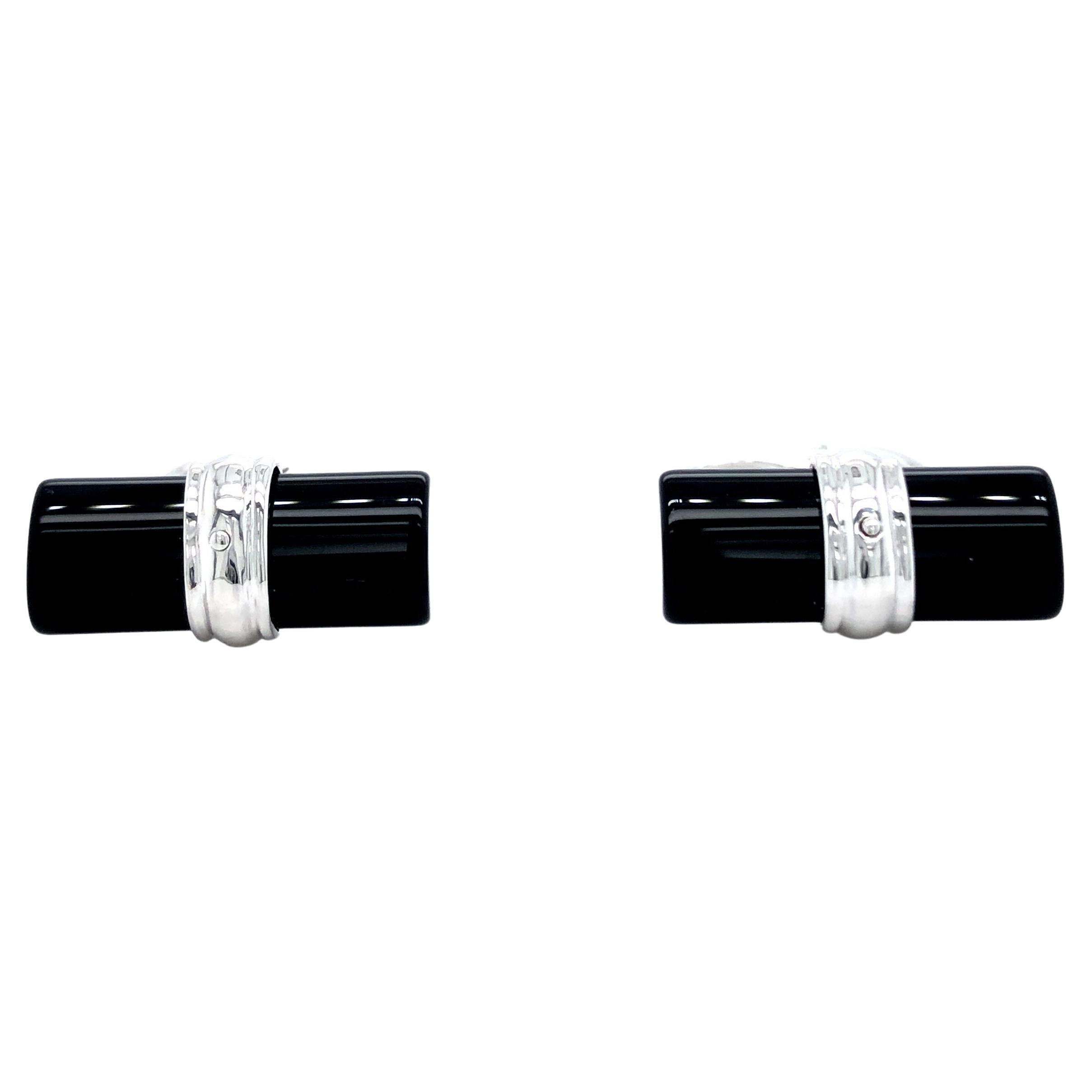 Art Deco Style Cufflinks with Cylindrical Black Onyx Bars, 18k White Gold