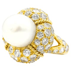 Retro Art Deco Cultured Pearl and Diamond Cocktail Ring