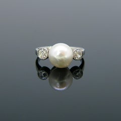Art Deco Cultured Pearl and Diamonds Ring, Platinum, circa 1925