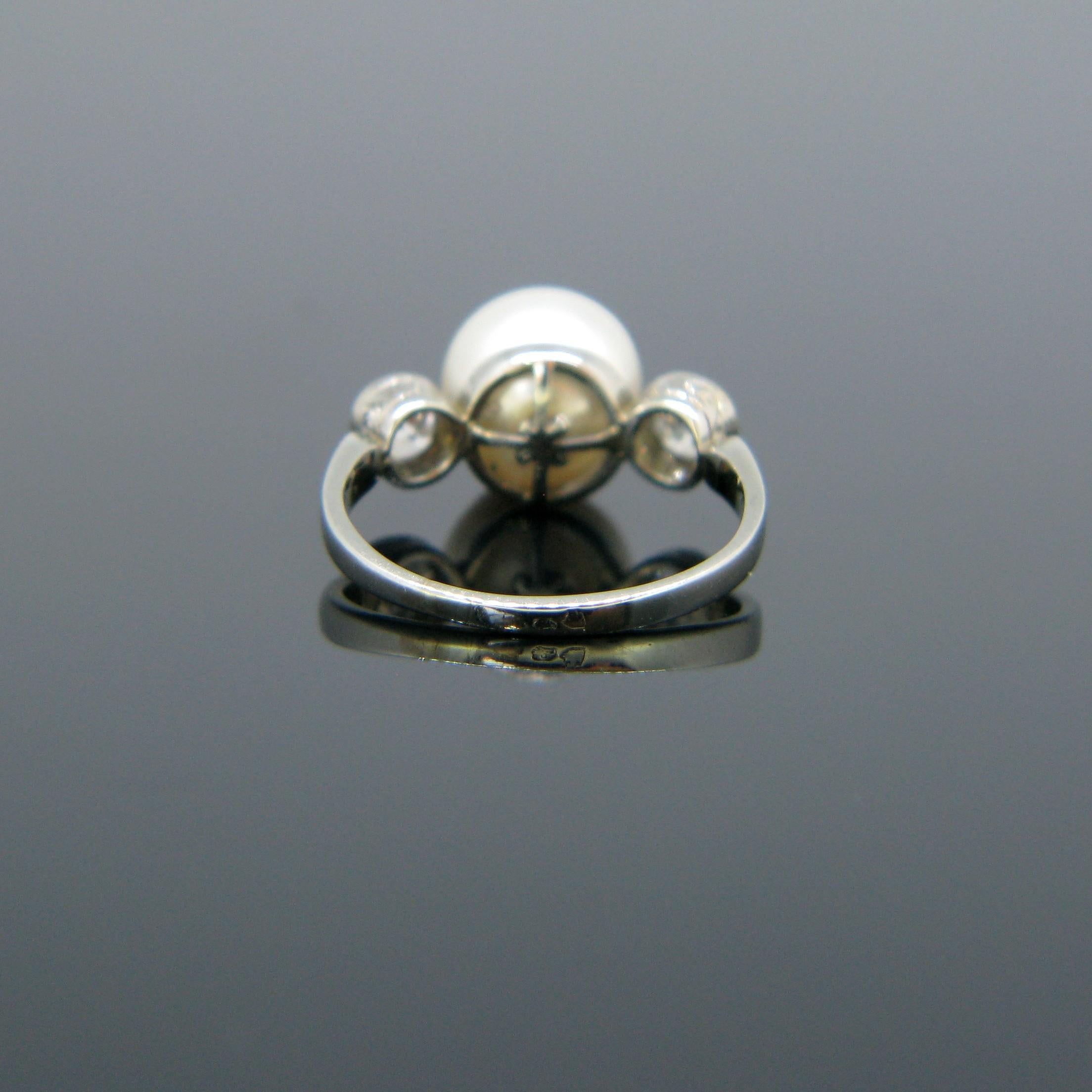 Old Mine Cut Art Deco Cultured Pearl and Diamonds Ring, Platinum, circa 1925