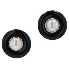 Art Deco Cultured Pearl and Onyx 14k Gold Vintage Stud Earrings