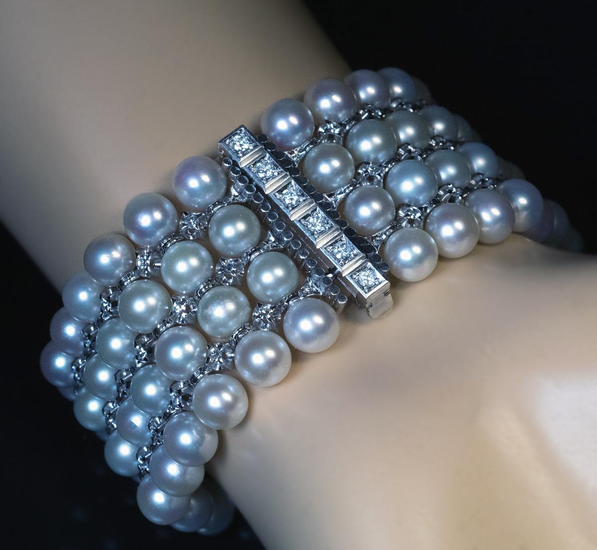 Women's Art Deco Cultured Pearl Diamond Gold Cuff Bracelet