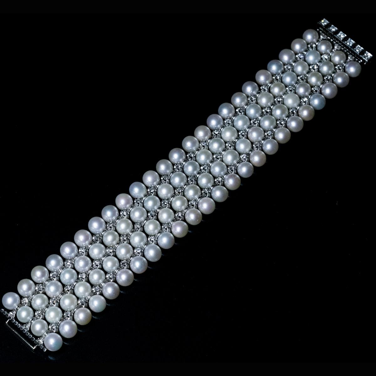 Art Deco Cultured Pearl Diamond Gold Cuff Bracelet 2