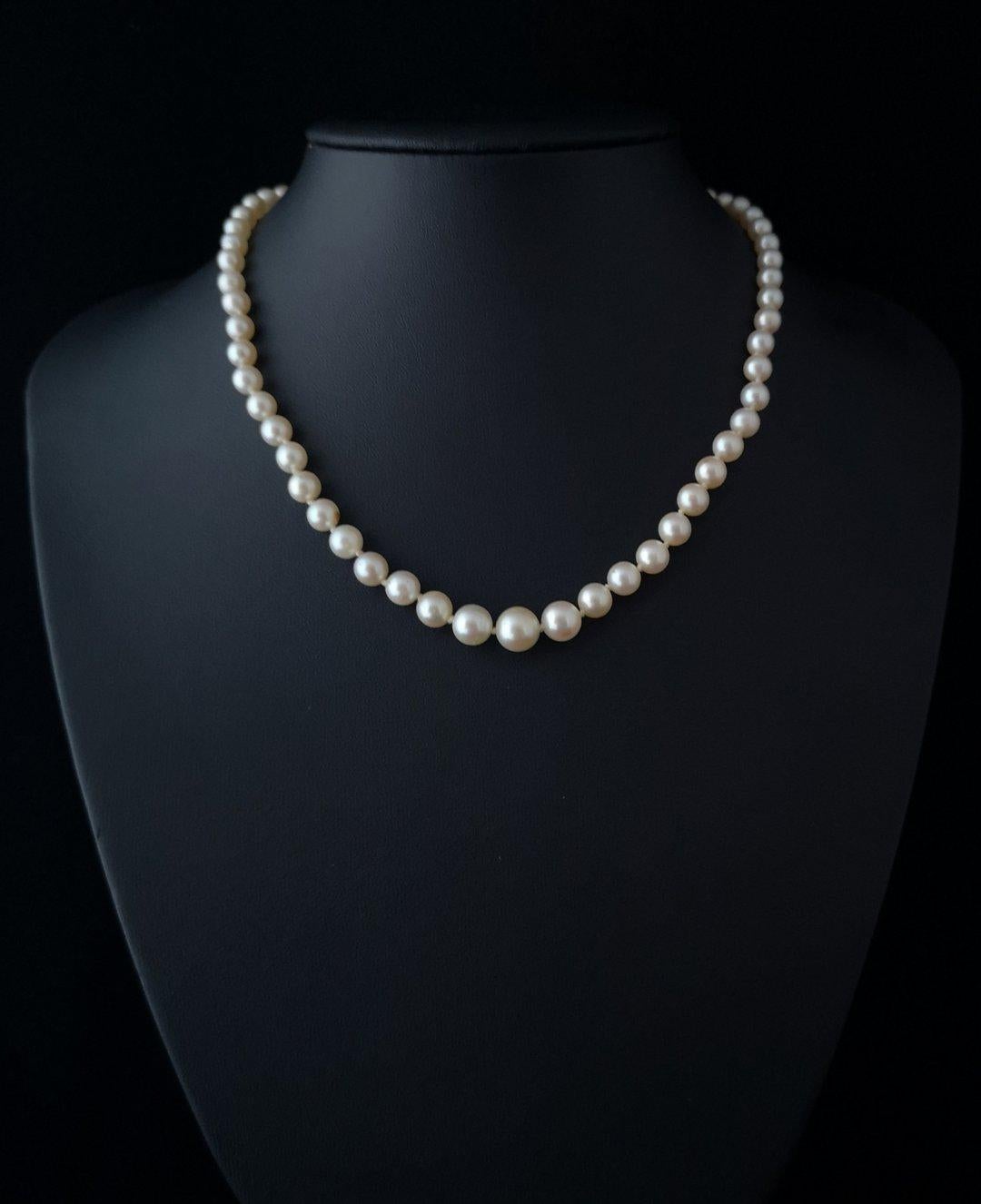 Round Cut Art Deco Cultured Pearl Necklace, 14 Karat White Gold and Diamond Clasp