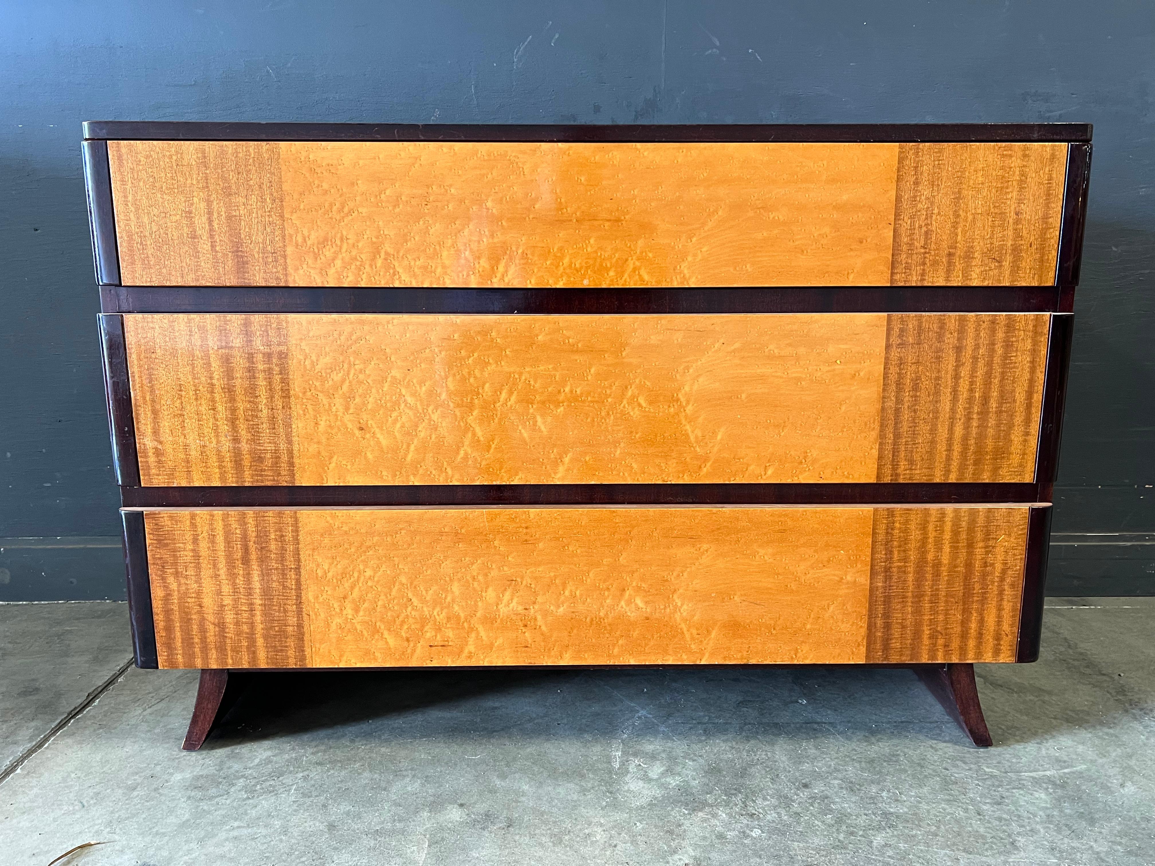 Art Deco, after the period circa 1957, dresser either designed by Eliel Saarinen for R-Way or certainty in the style of. Dresser is available with our other listing for a tall boy dresser. All the pieces are in nice condition but not refinished.