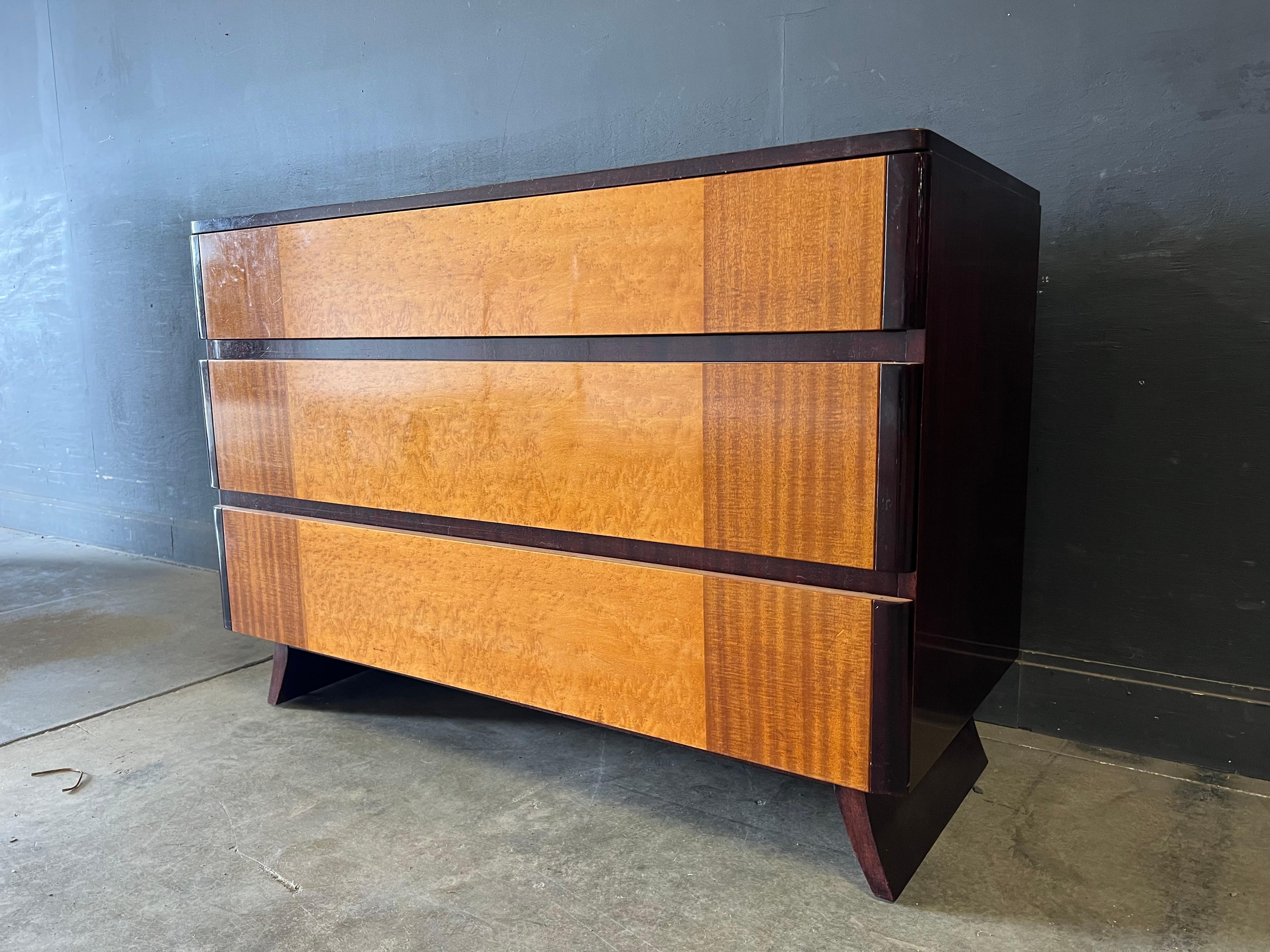 North American Art Deco Curly Maple and Mahogany Dresser by R-Way For Sale