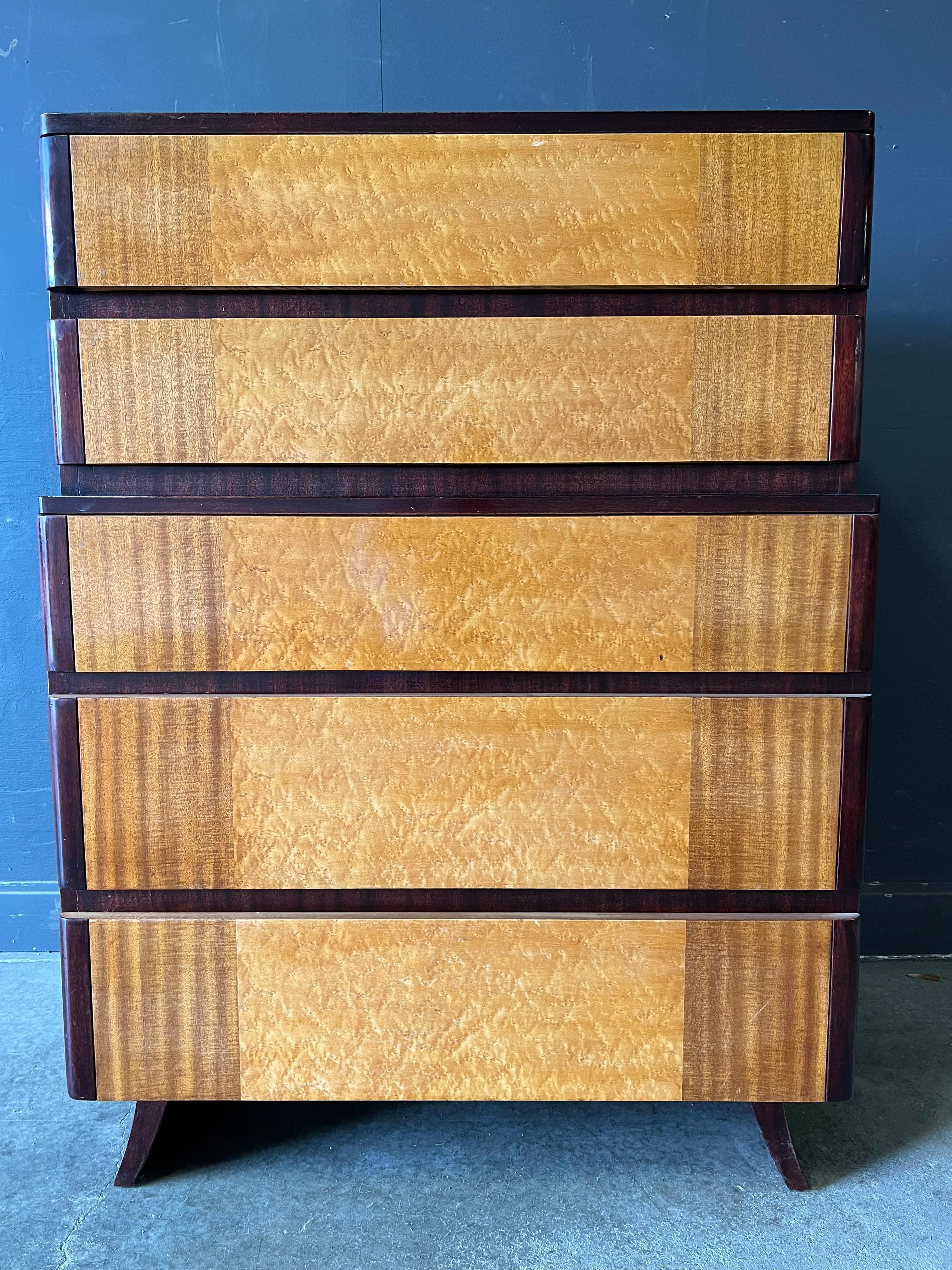 Art Deco Curly Maple and Mahogany Dresser by R-Way In Good Condition For Sale In Hudson, NY