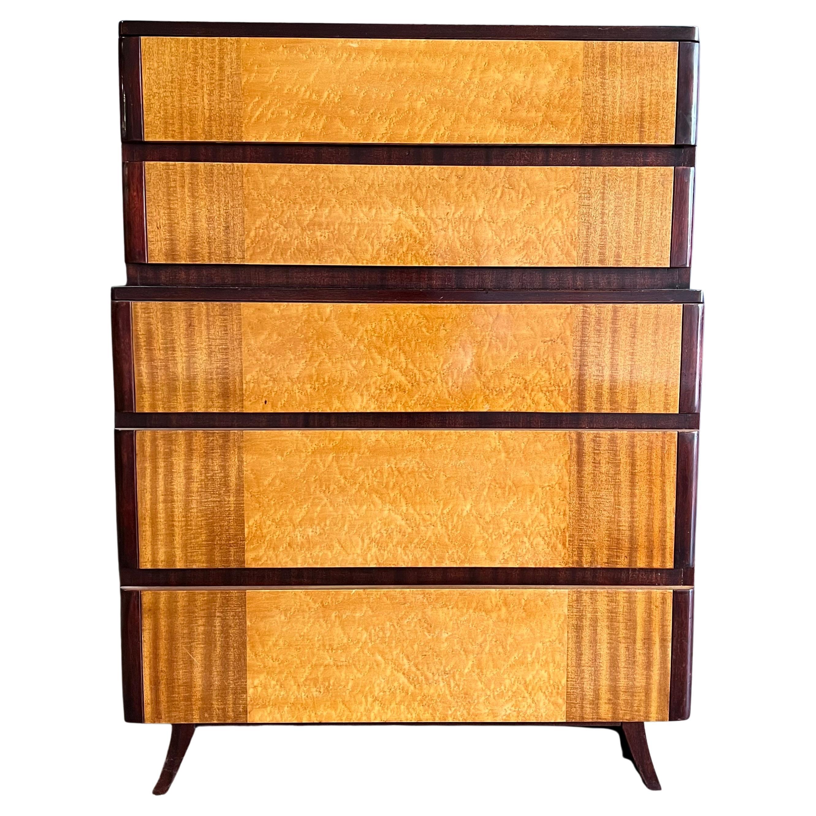 Art Deco Curly Maple and Mahogany Dresser by R-Way For Sale