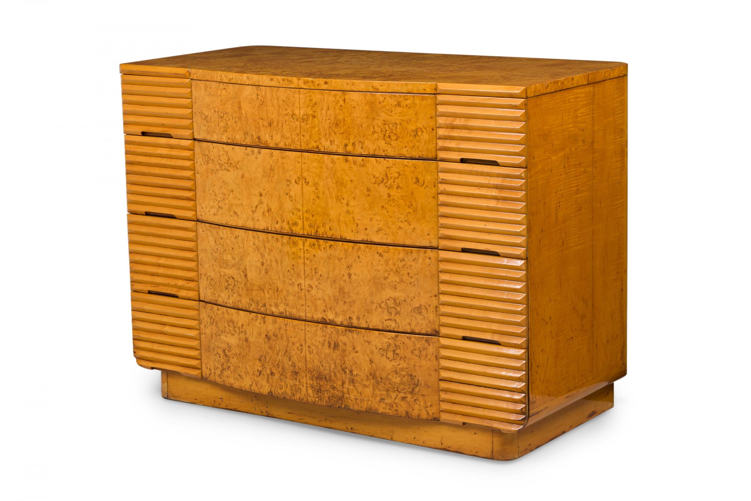American Art Deco burled birch veneer and bleached walnut chest containing four drawers with central curved fronts and decoratively louvered sections on either side. (manner of DONALD DESKEY)