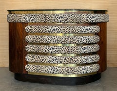 Art Deco Curved Bar Cabinet with Upholstered Panels & Brass Accents