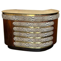 Art Deco Curved Bar Cabinet with Upholstered Panels & Brass Accents