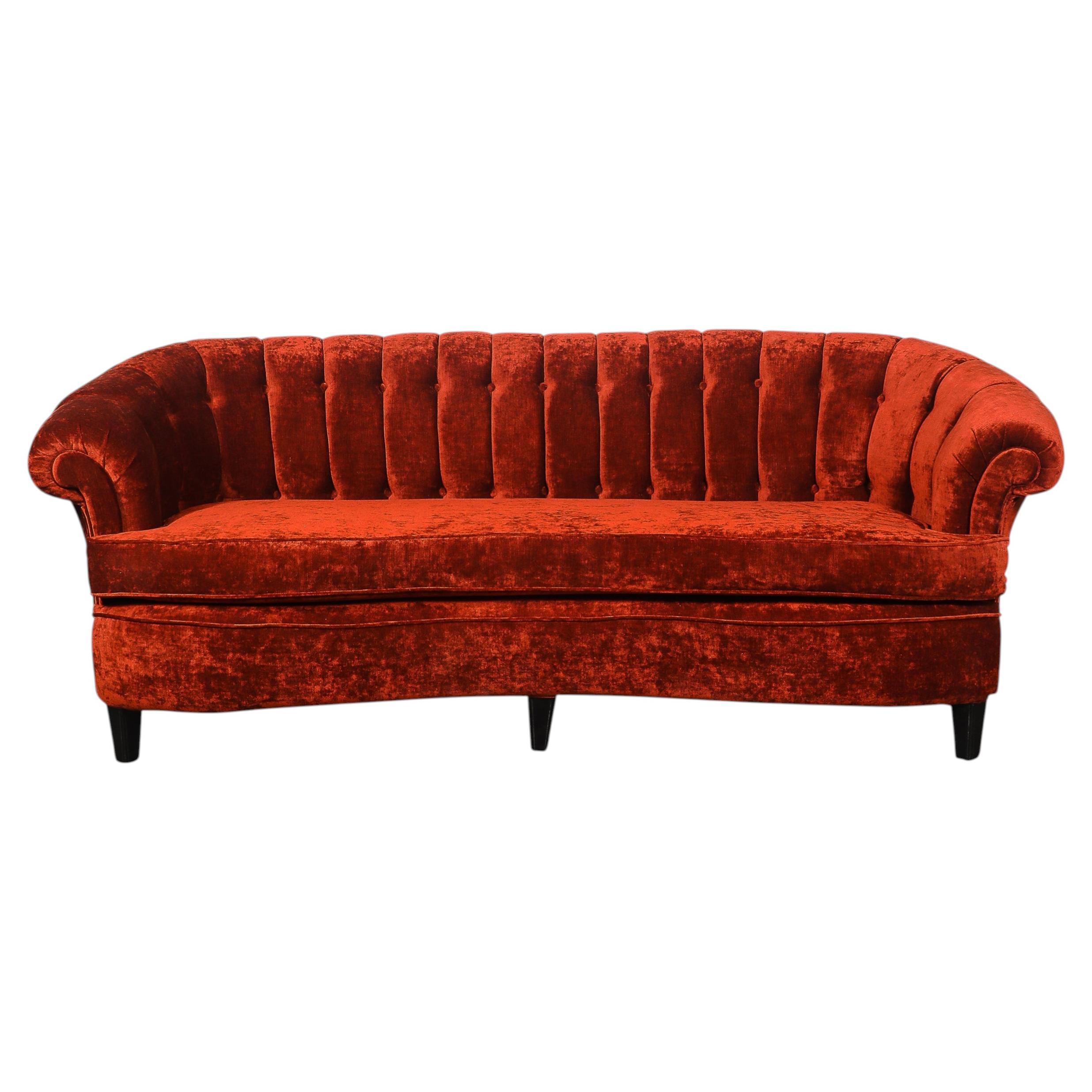 Art Deco Curved Channel-Back Scroll-Arm Sofa with Ebonized Tapered Supports For Sale