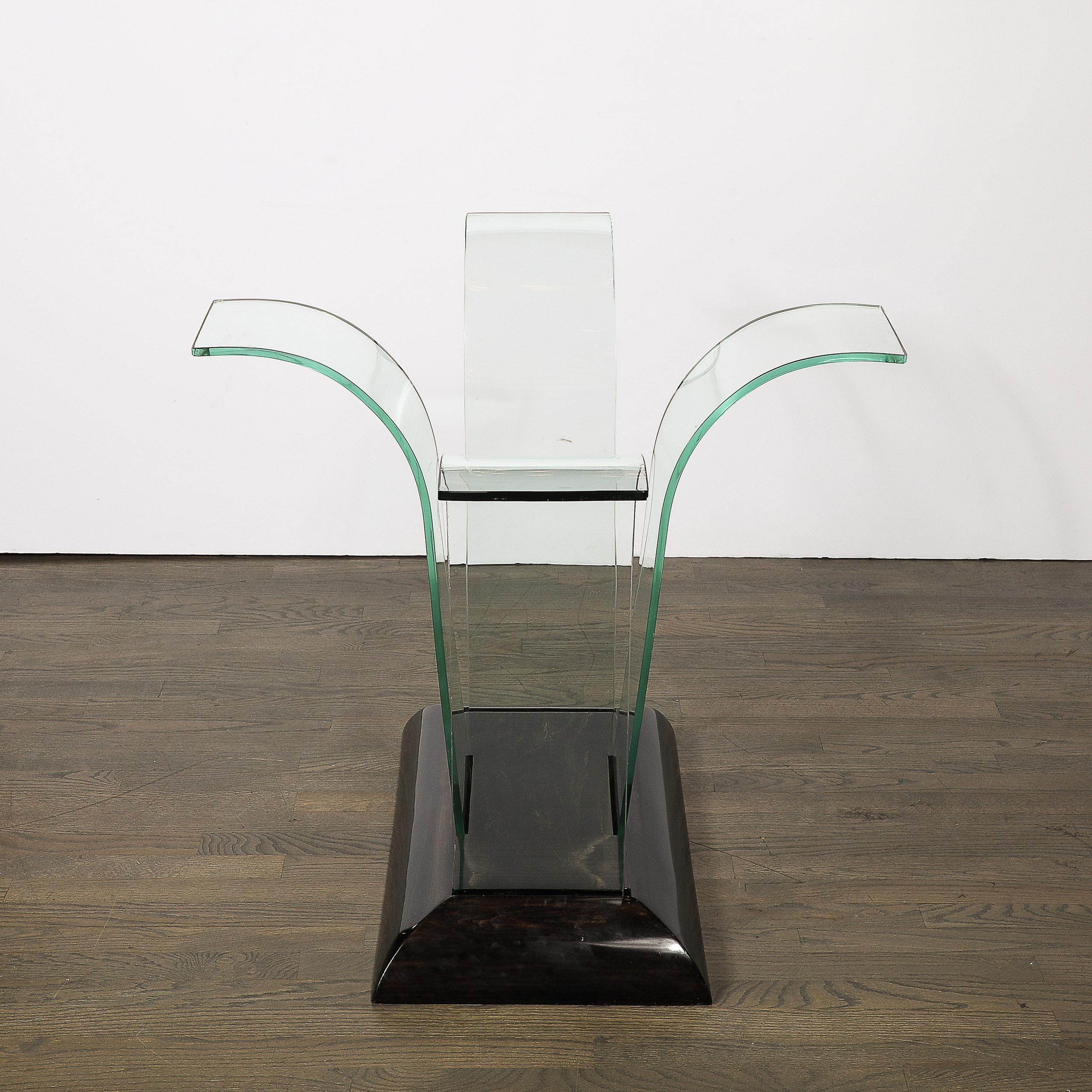 Konsolentisch aus geschwungenem Glas im Art déco-Stil mit schwarz lackiertem Sockel von Modernage im Angebot 11