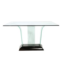 Art Deco Curved Glass Console Table with Black Lacquered Base by Modernage