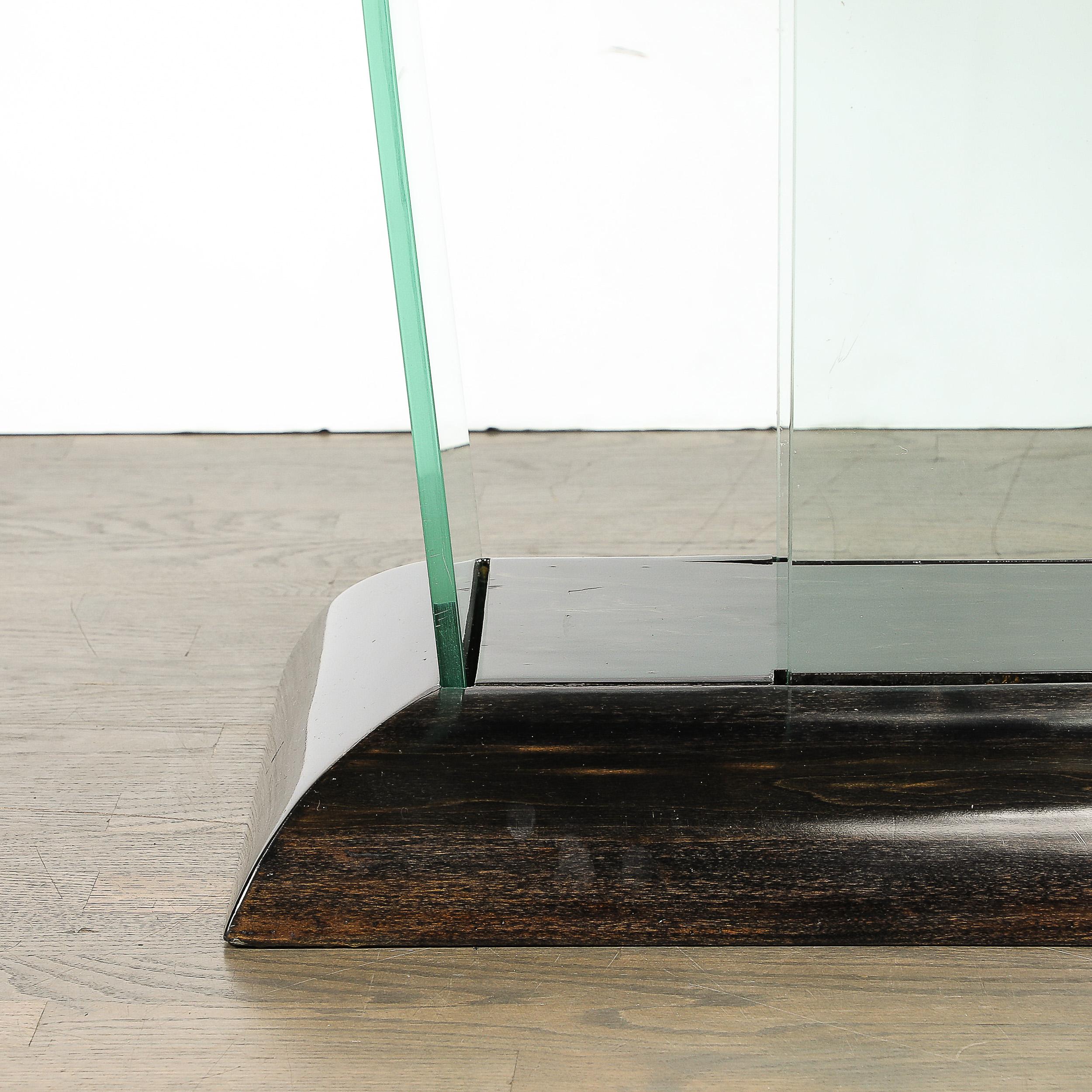 Konsolentisch aus geschwungenem Glas im Art déco-Stil mit schwarz lackiertem Sockel von Modernage (Mitte des 20. Jahrhunderts) im Angebot