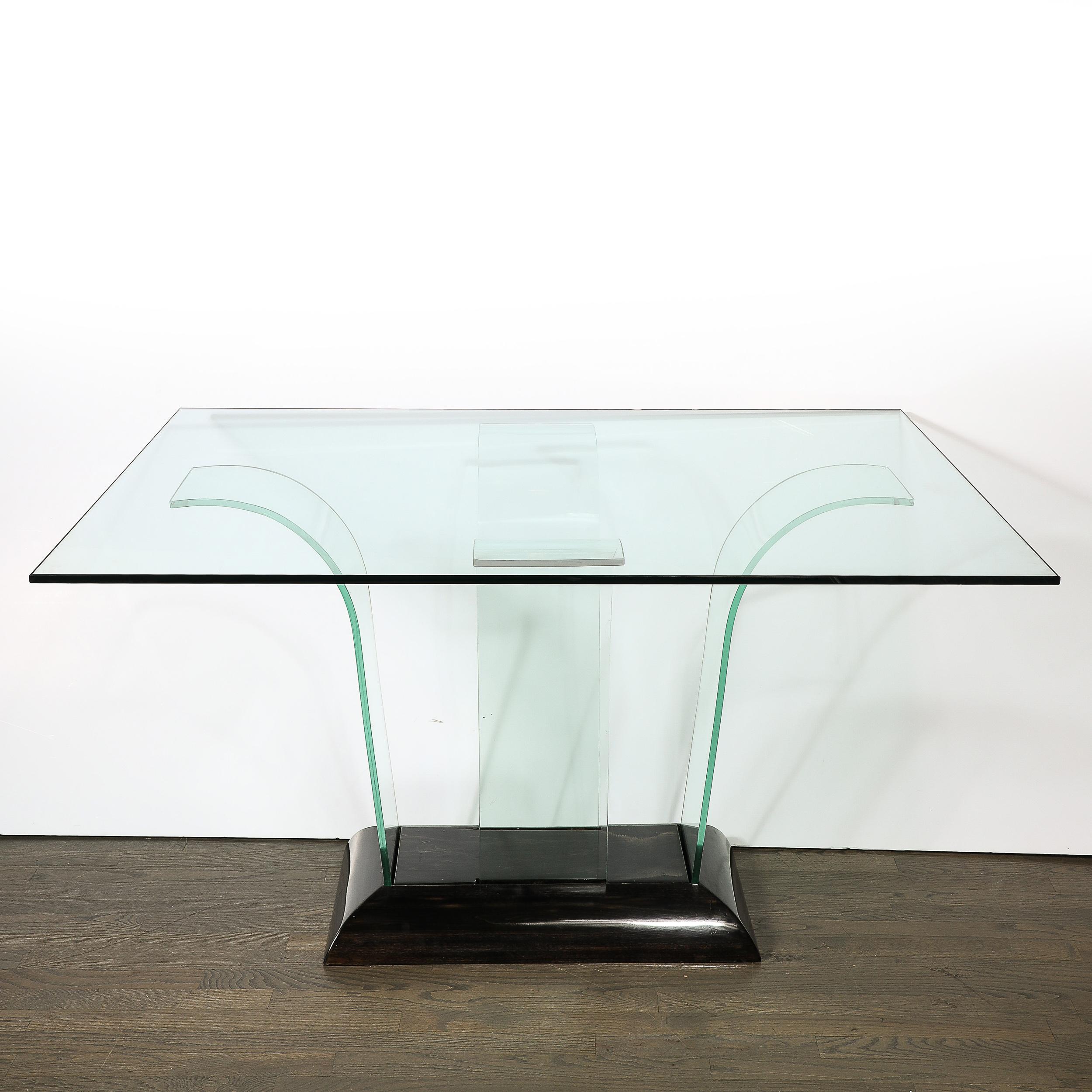 Konsolentisch aus geschwungenem Glas im Art déco-Stil mit schwarz lackiertem Sockel von Modernage im Angebot 1