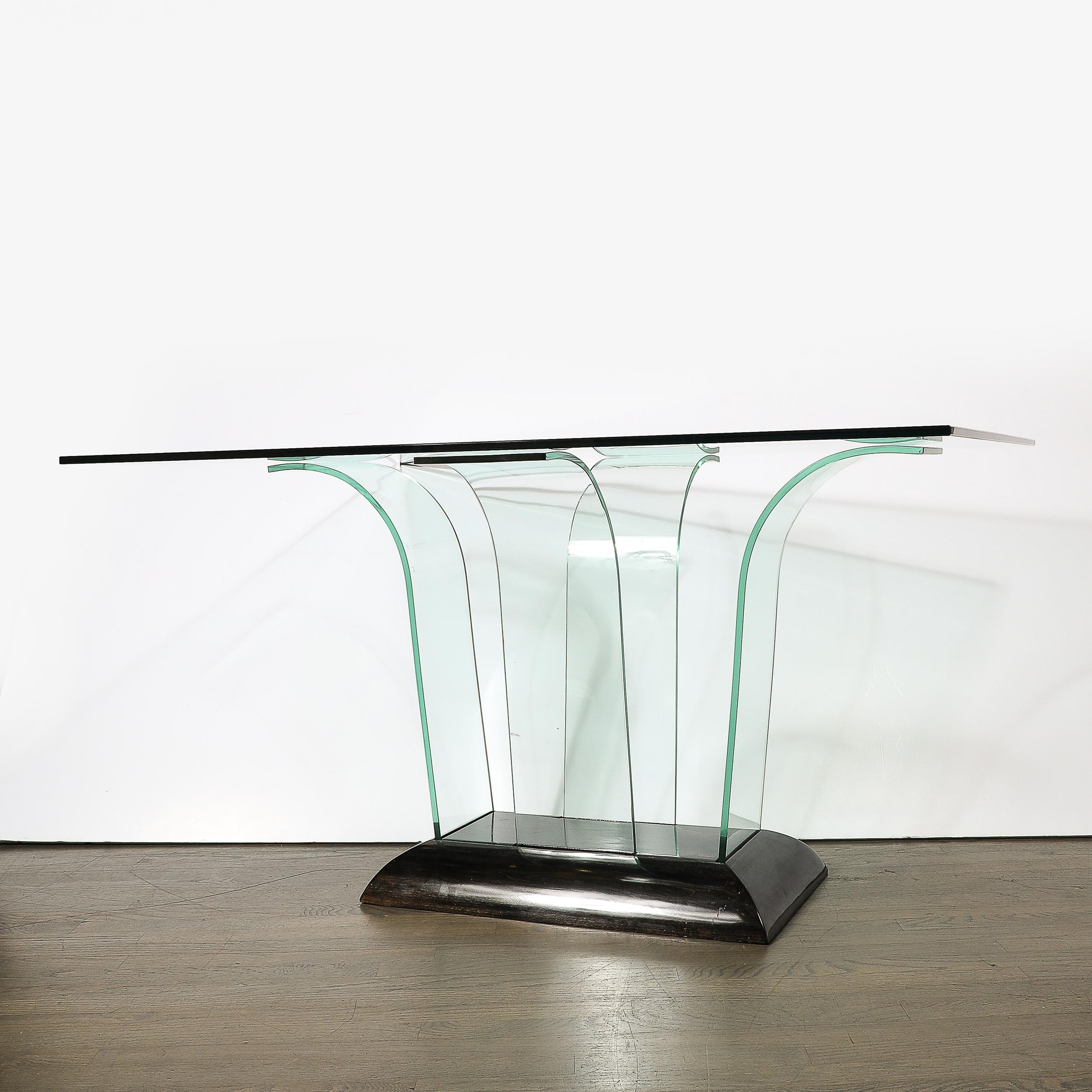 Konsolentisch aus geschwungenem Glas im Art déco-Stil mit schwarz lackiertem Sockel von Modernage im Angebot 3