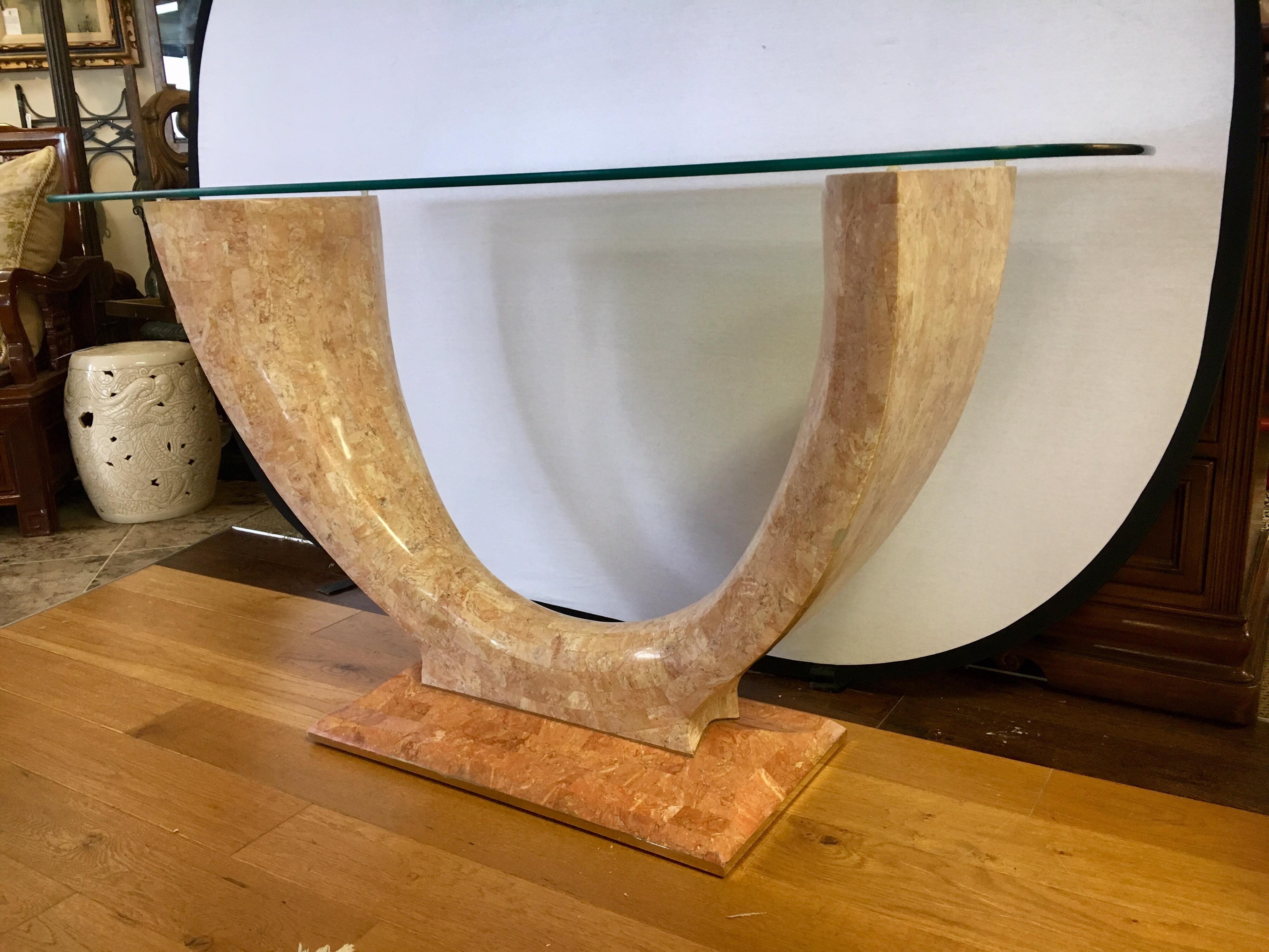 Magnificent Art Deco console table that features a light pink marble base with glass top. Quite stunning and rare. Rectangle base is solid marble while the curved part is a mosaic of marble, makes it less heavy.