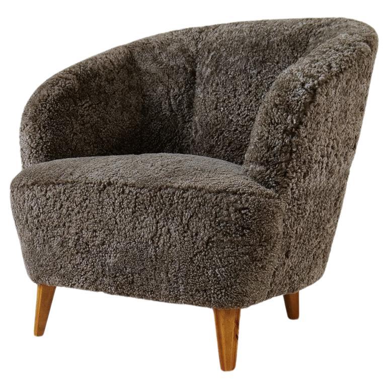 Art Deco Curved Sheepskin / Shearling "Sahara" Lounge Chair Sweden, 1940s For Sale