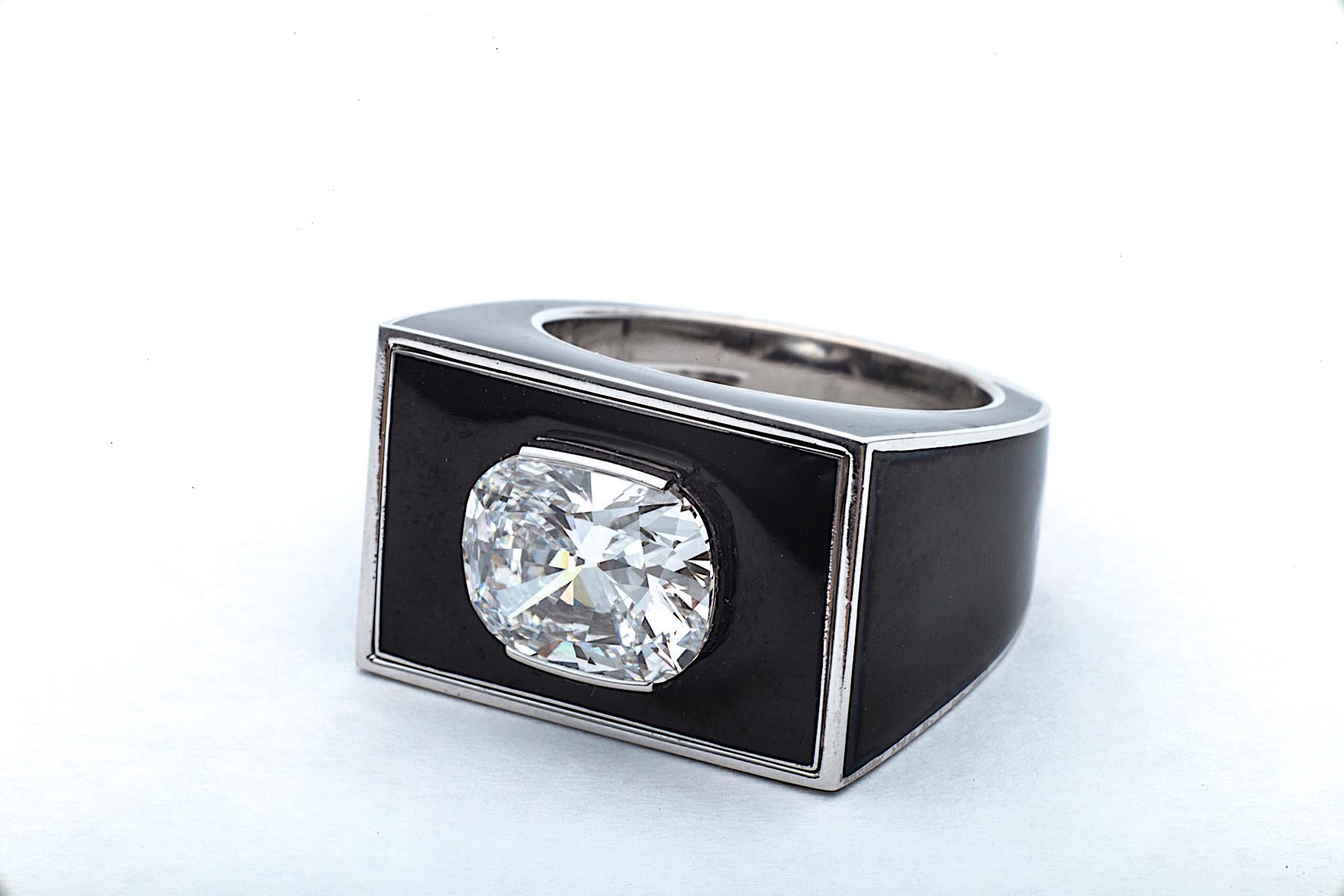Art Deco Cushion Brilliant Cut Diamond Black Lacquer Platinum Gold Ring