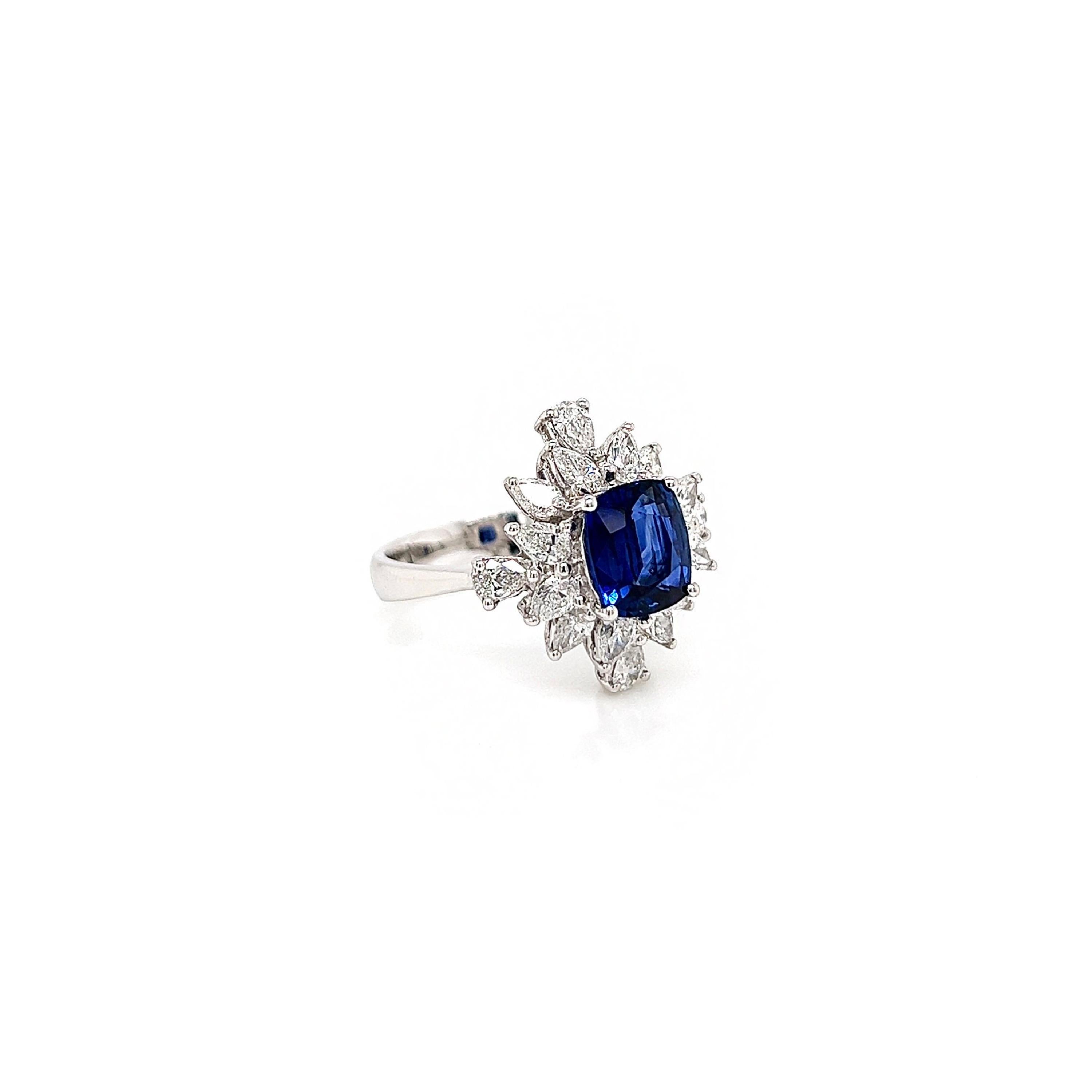 Women's Art Deco Cushion Cut 2.05 Carat Blue Sapphire Diamond Unique Platinum Ring For Sale