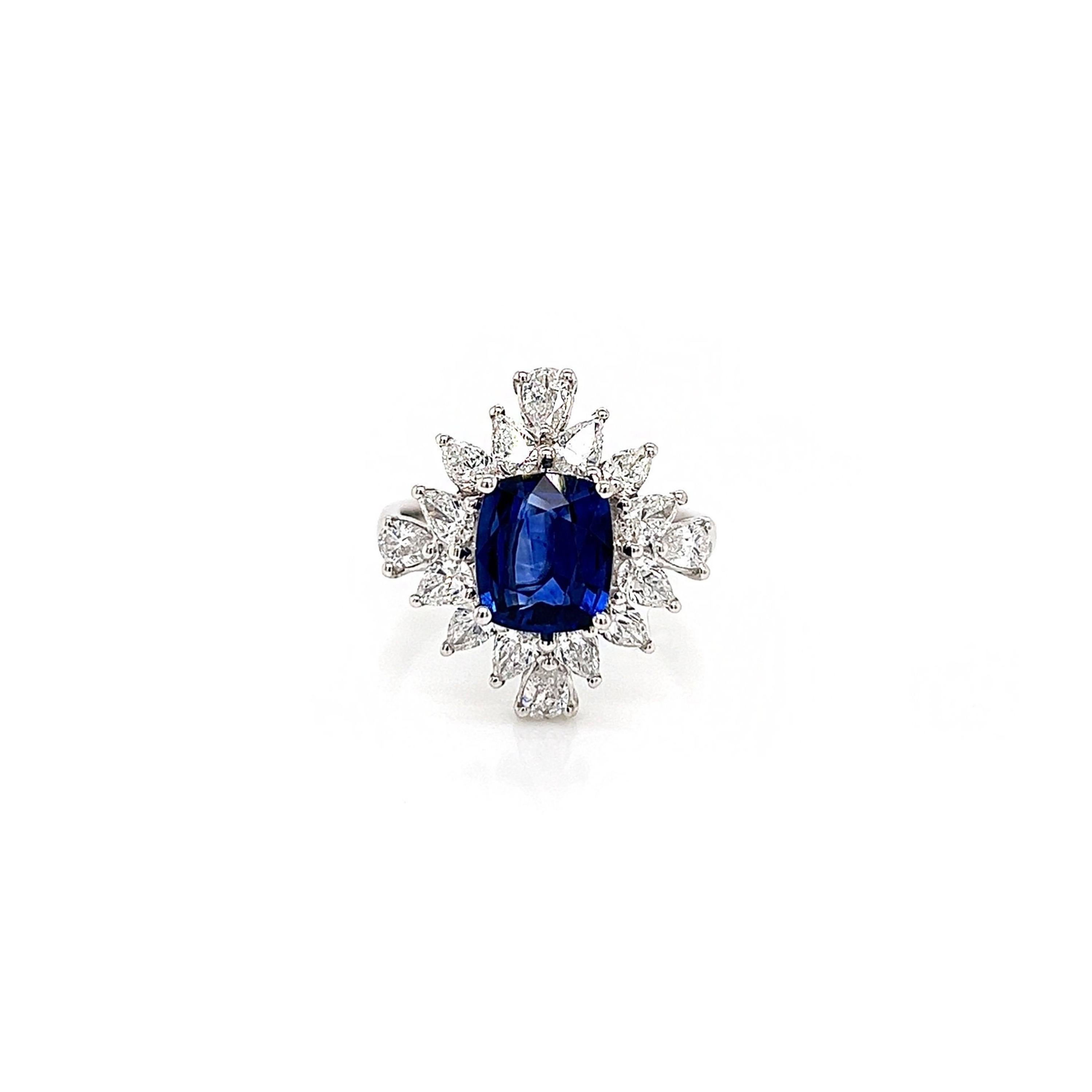 Art Deco Cushion Cut 2.05 Carat Blue Sapphire Diamond Unique Platinum Ring For Sale 1