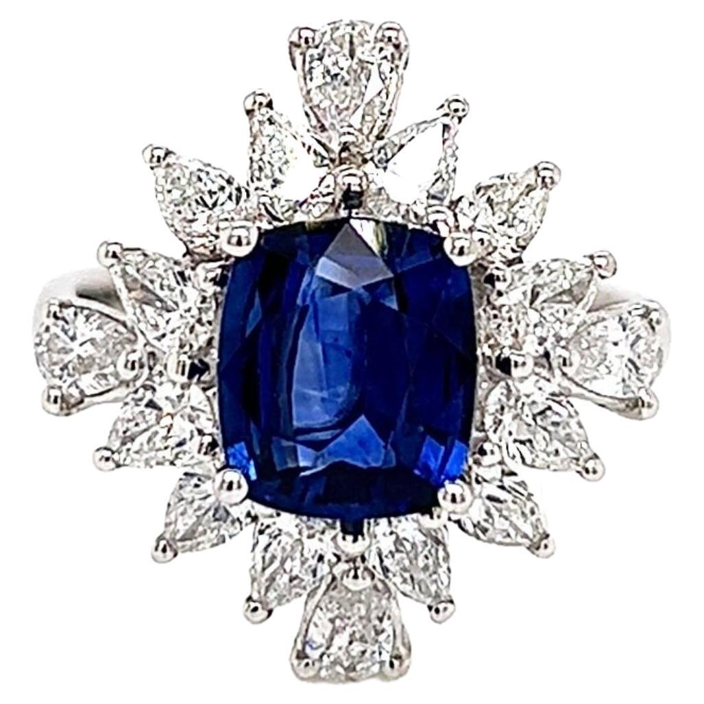 Art Deco Cushion Cut 2.05 Carat Blue Sapphire Diamond Unique Platinum Ring For Sale
