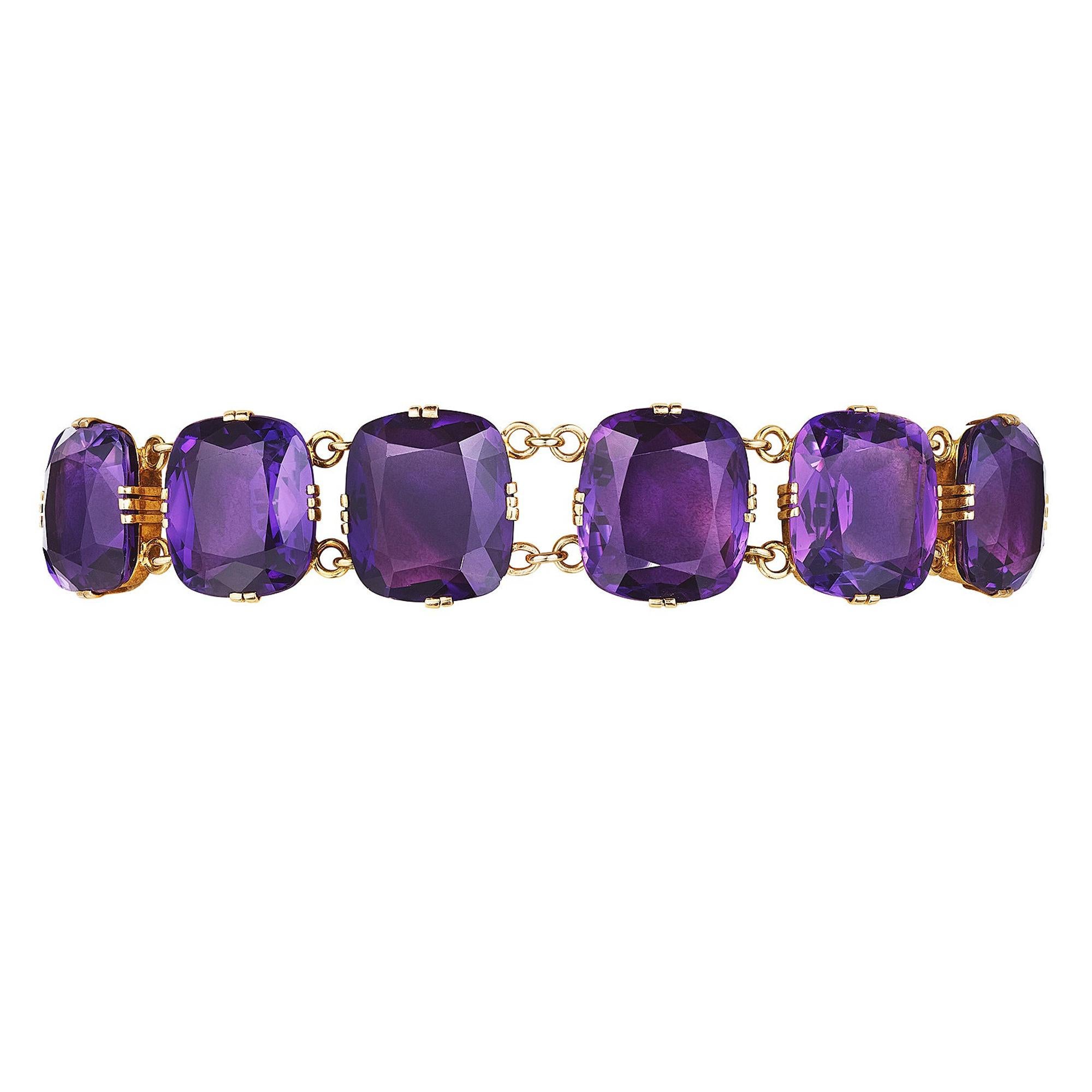 Art Deco Cushion Cut Amethyst Gold Bracelet
